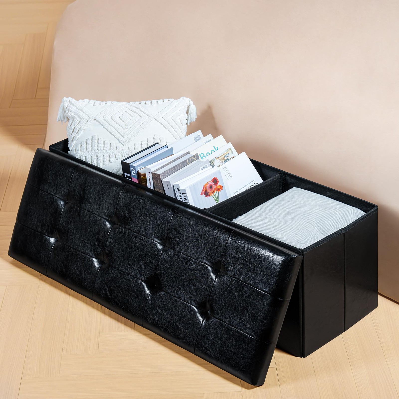 PINPLUS Folding Storage Ottoman Bench, Black Faux Leather Long Storage Chest wit