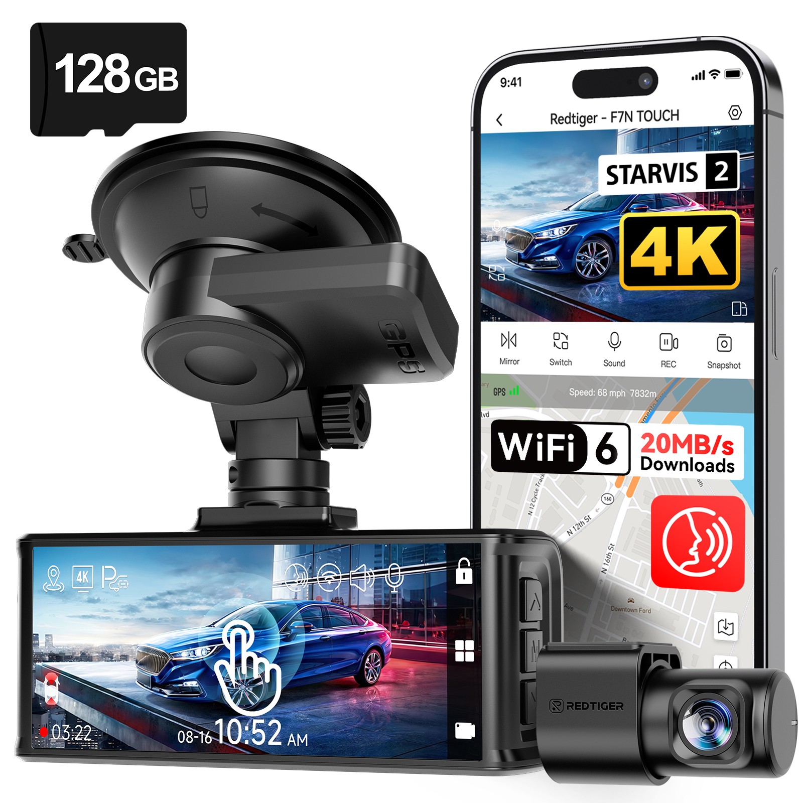 REDTIGER 4K Dash Cam STARVIS 2 Front and Rear 3.18" Touch Screen,Free 128GB Card