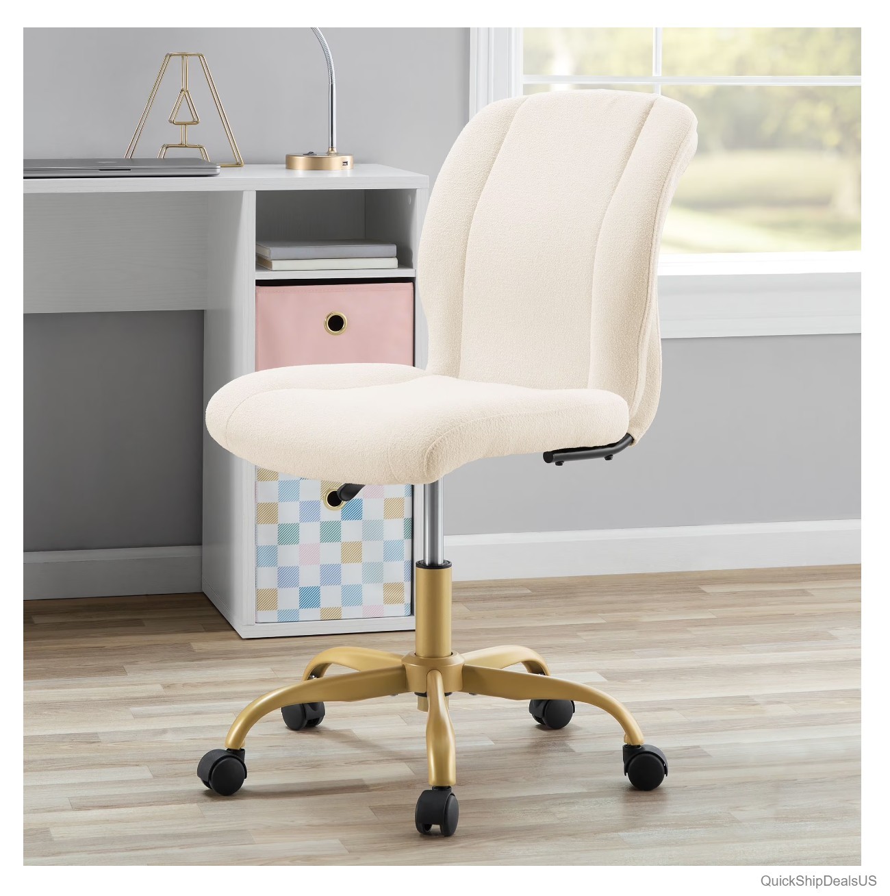 Cream Bouclé Armless Office Chair Adjustable Height Roller Wheels Gold Base