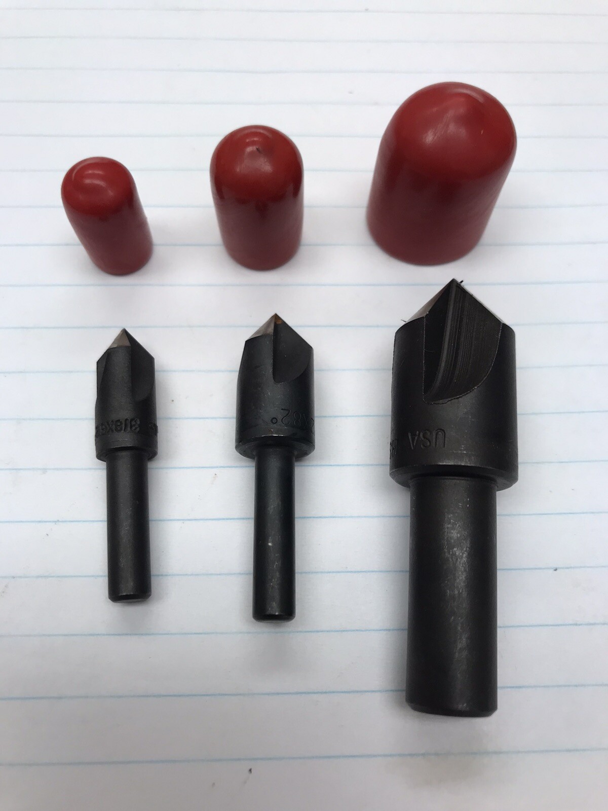 1 kit.  1 pc ea. 3/8, 1/2, 3/4” HS 3 FLUTE 82 DEGREE COUNTERSINKS. USA (loc L7)
