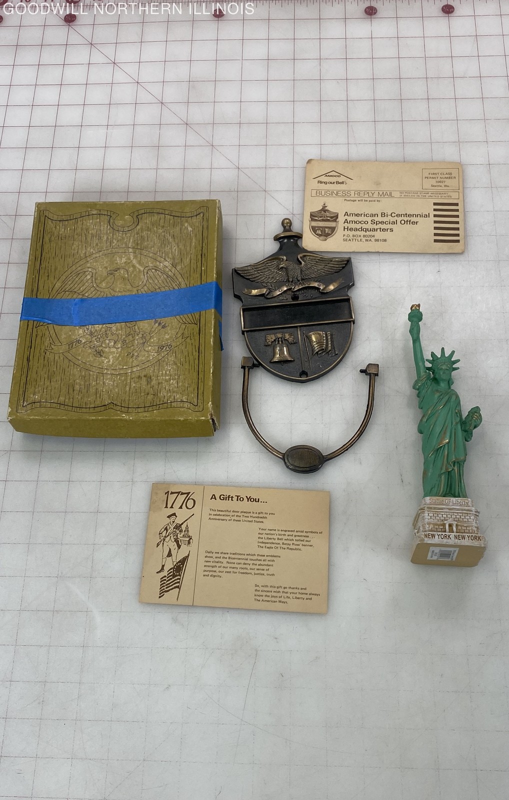 Vtg 1976 Amoco 1776 Eagle Liberty Bell Flag Door Plaque+Statue of Liberty Statue