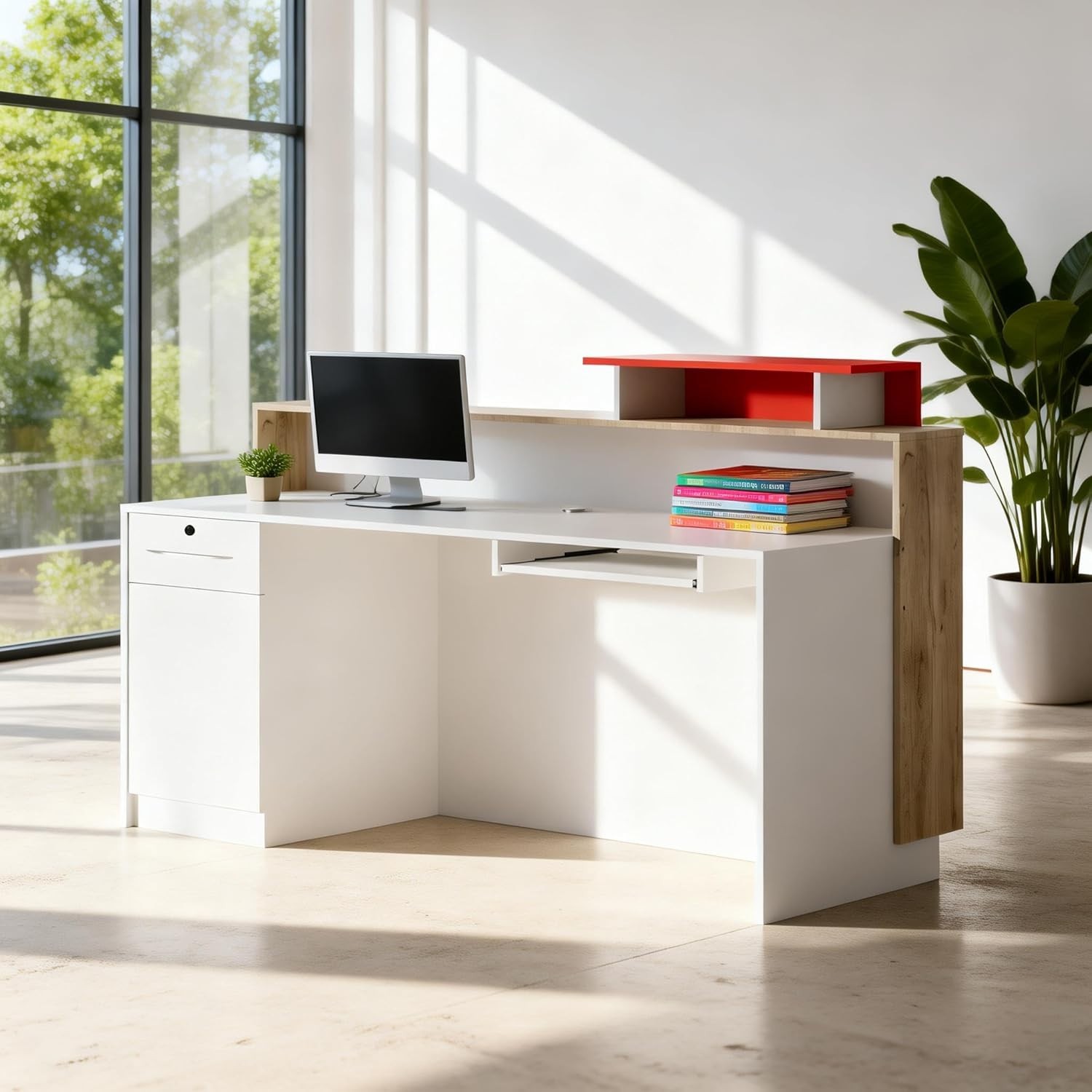 55-71" LED Reception Desk White Stone Modern Front Counter Drawer Cabinet