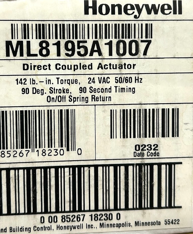BRAND NEW HONEYWELL DIRECT COUPLED DAMPER ACTUATOR 24 VAC 90° STROKE ML8195A1007