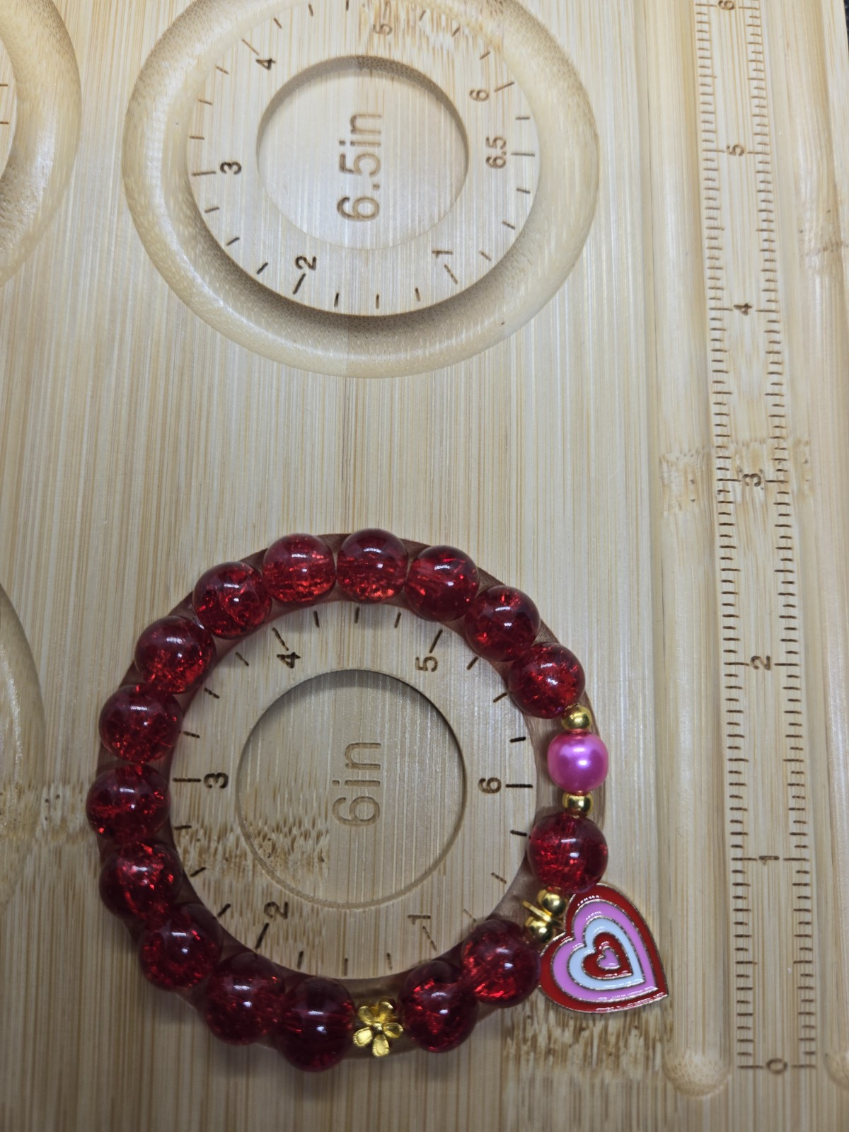 Handcrafted  Red  Valentine Heart 10mm Glass Bead Stretch Bracelet