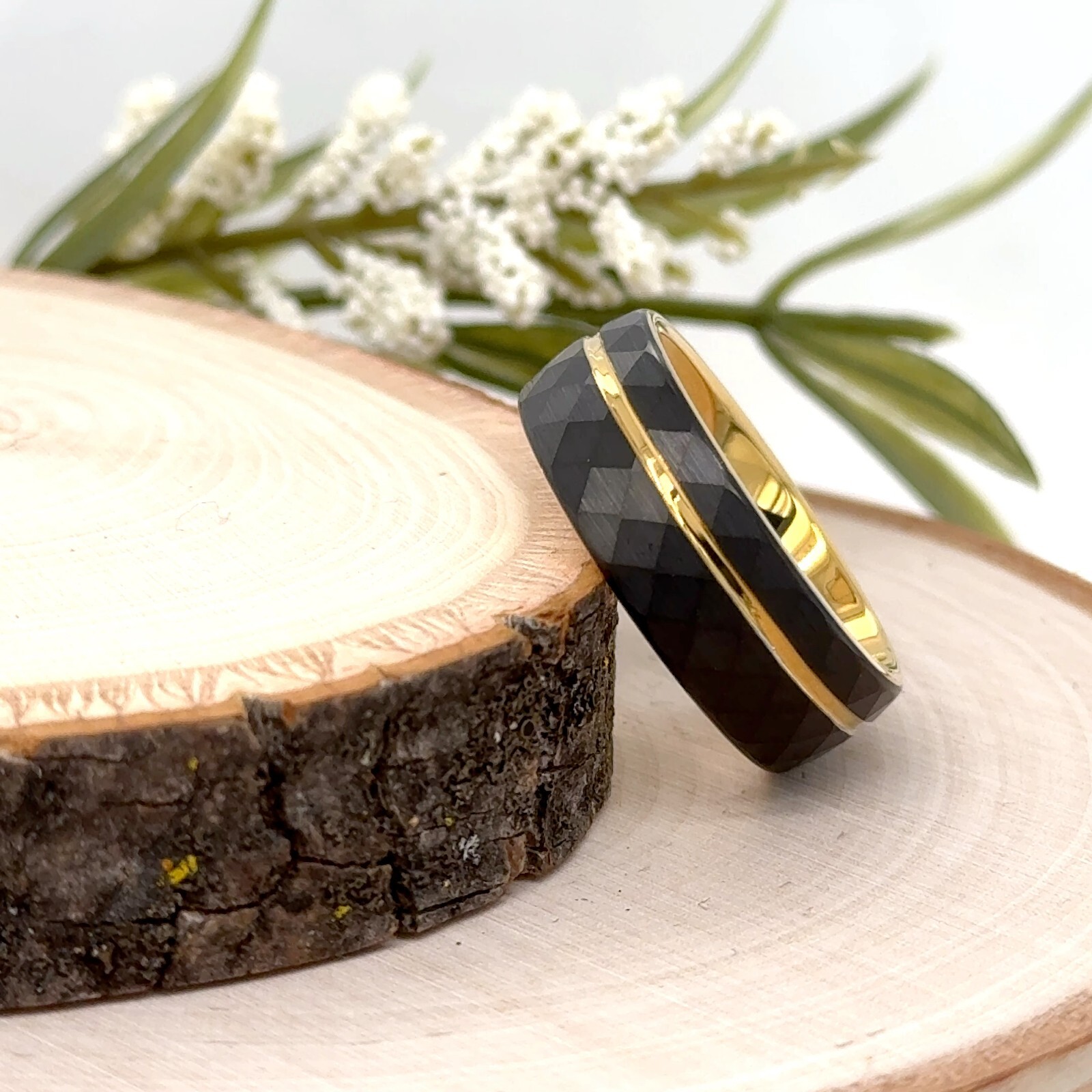 Gold Tungsten 8mm Christmas Gifts Ring Faceted Black With Groove Design Ring