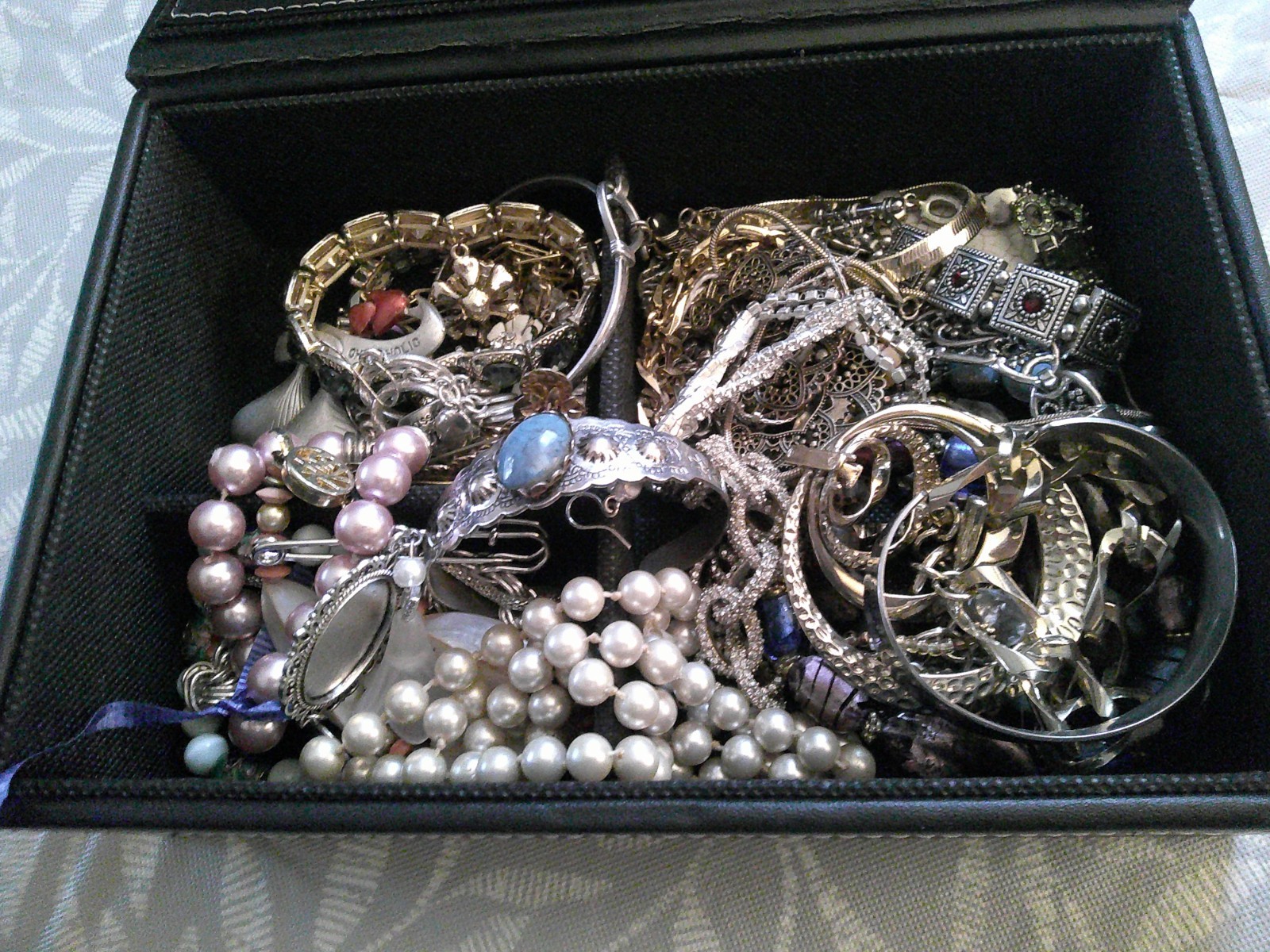 Black Trinket Box Full of Vintage and Costume Jewelry in good condition
