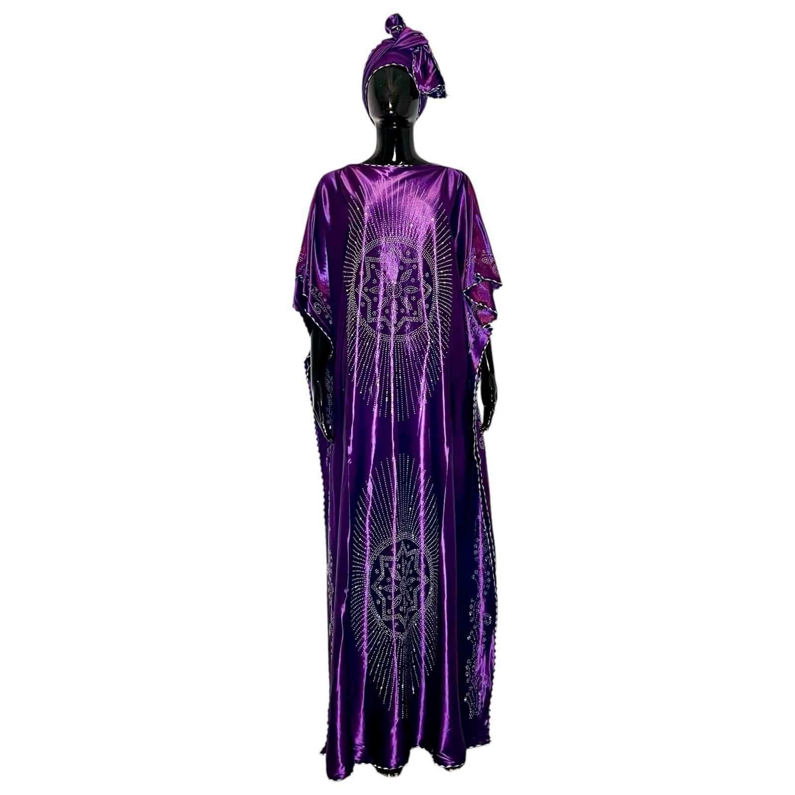 Shiny Purple Women African Loose Fit Embroidered Kaftan/ Agbada w/ Head Scarf