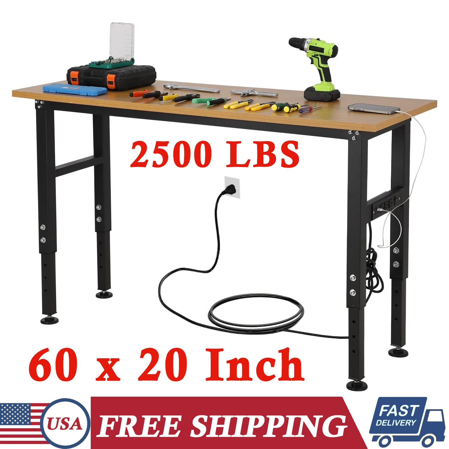 60x20 Inch Adjustable Workbench 2500 Lbs Work Table Tool Bench with Power Outlet