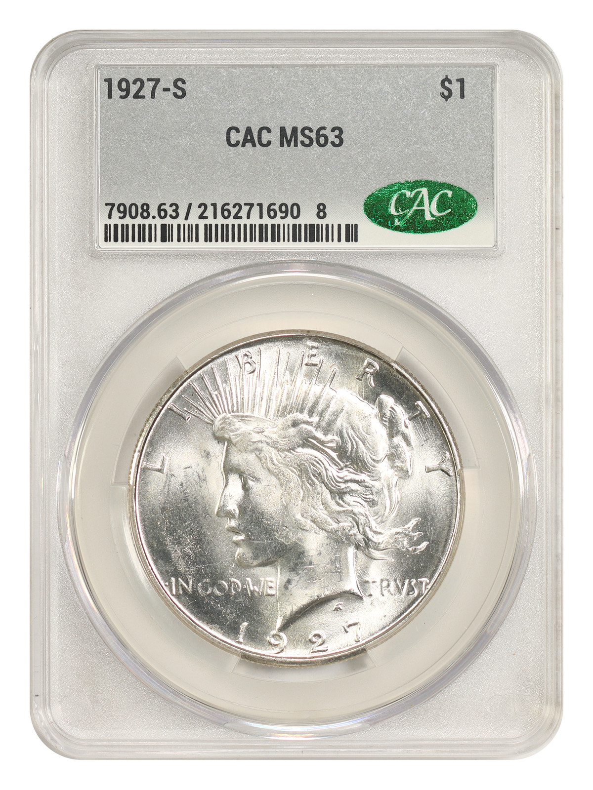 1927-S $1 CACG MS63 - Peace Dollar - Elusive S-Mint