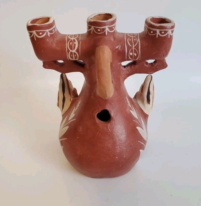 VTG Peruvian Red Clay Luminary Quinua Triple Candelabra Ceremonial Peru Folk Art