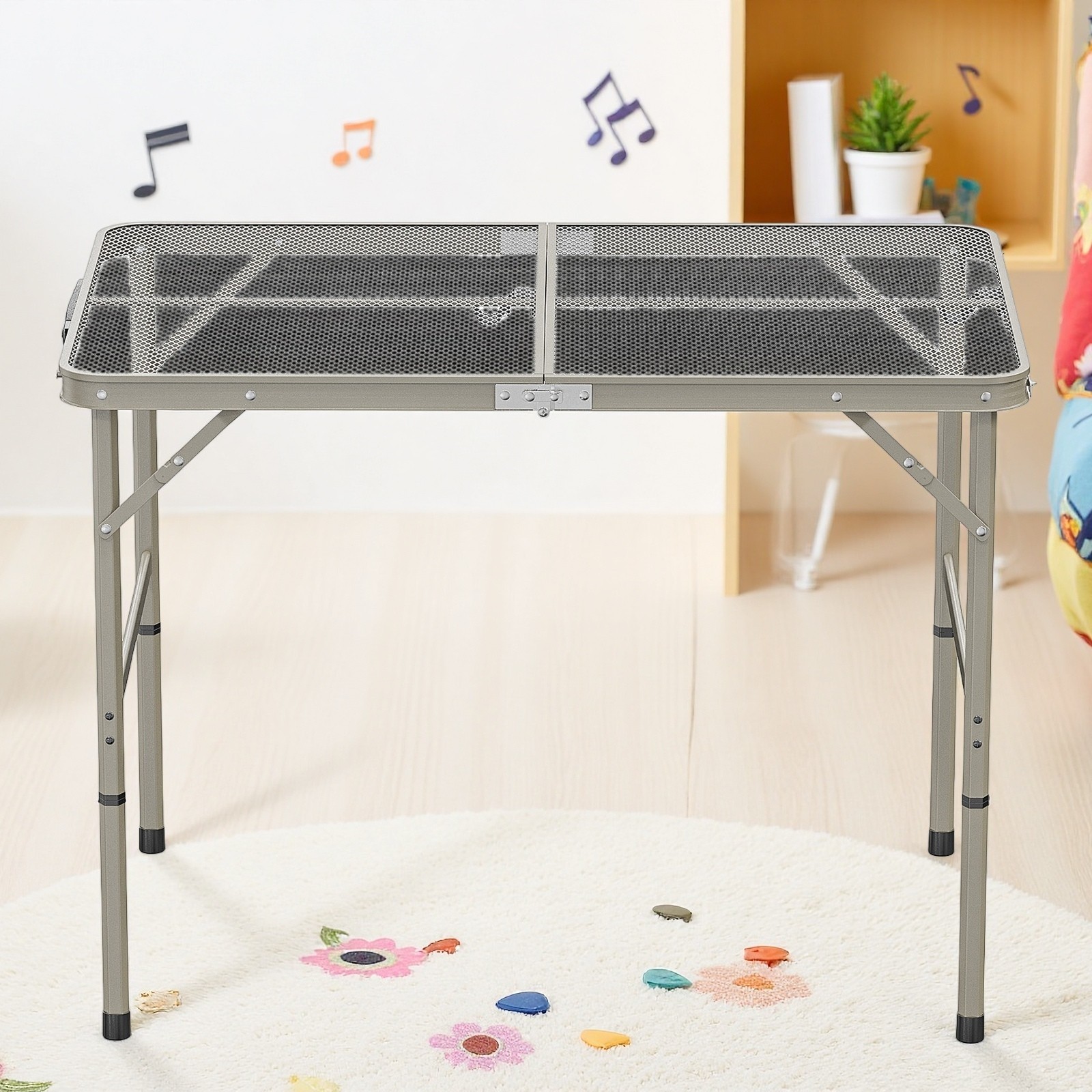 3ft Folding Camping Wire Mesh Table - Adjustable Aluminum Frame Picnic Dark Gray
