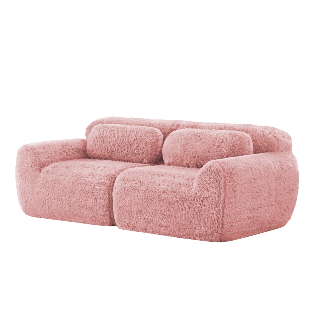 2-seater Sectional Couches Soft Fluffy Plush Fabric Bottom Anti-Slip Design Pink