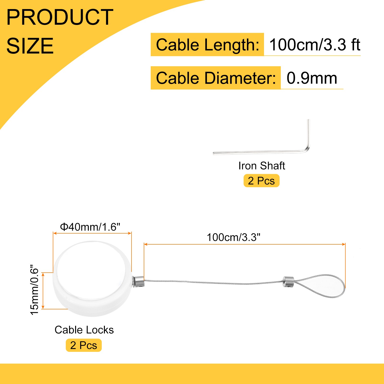 3.3ft Retractable Cable Security Lock with Latch Wrenches 150 g White,2 Pack
