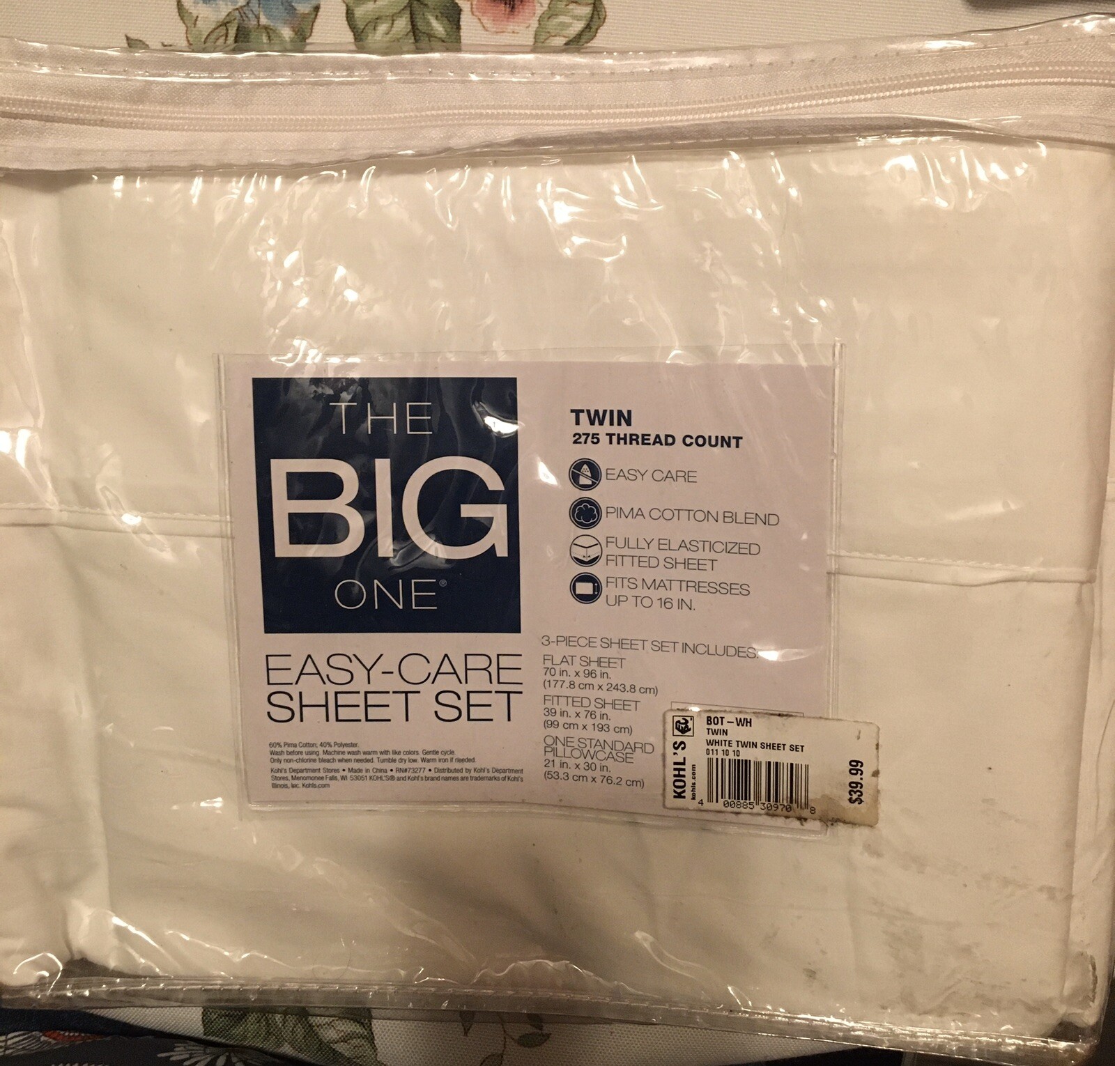 The Big One Twin Size Pima Cotton Blend White Flat Sheet and Pillowcase