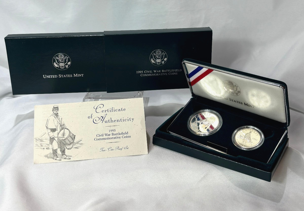 1995 Two Coin Proofs Civil War Battlefield Commemorative Coins Boxed W/ COA