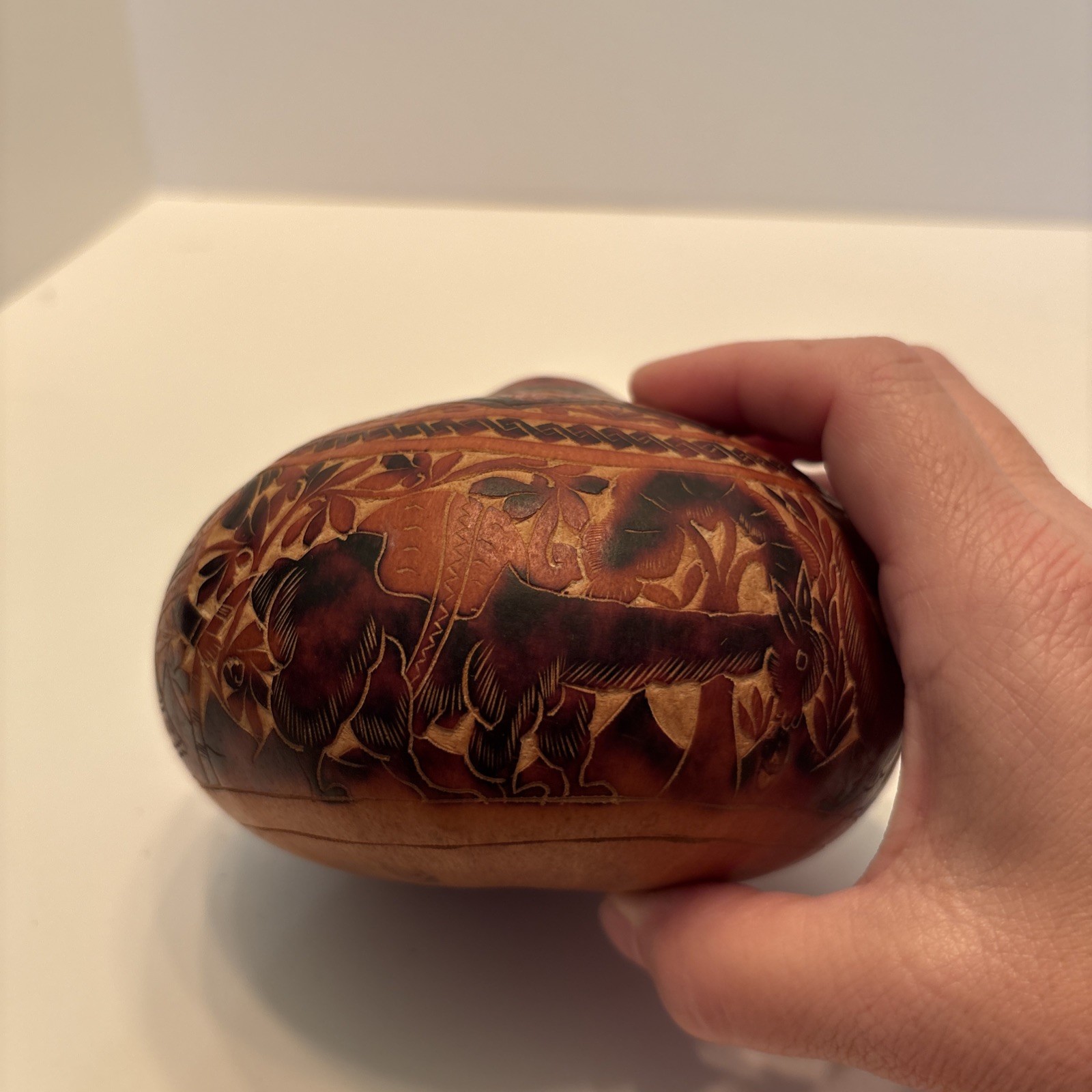 Vintage Peruvian Hand Carved Gourd Story Scene Peru Folk Art Village Life Lama