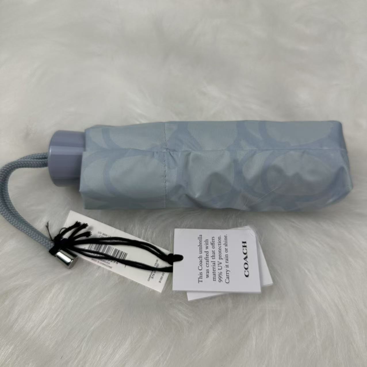 Coach Uv Protection Mini Umbrella In Sketch Signature Print Ice Blue CBM54 NWT