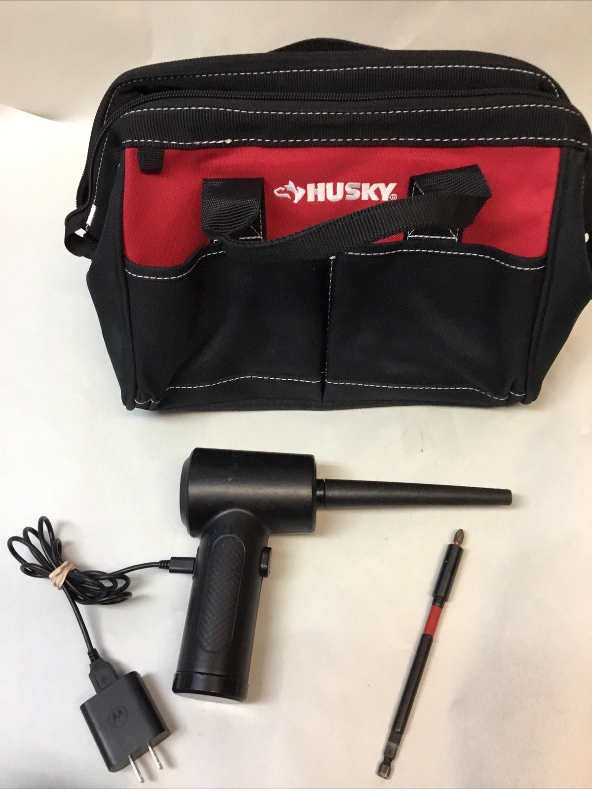 Husky 12 in 4 Pocket Zippered Tool Bag, Multi- Bit, & Wireless Air Duster Blower