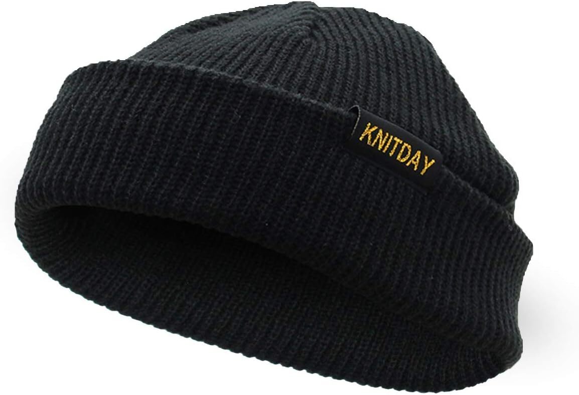 Fisherman Beanie Trawler Sailor Skullcap Knit Short One Size-Medium, Black