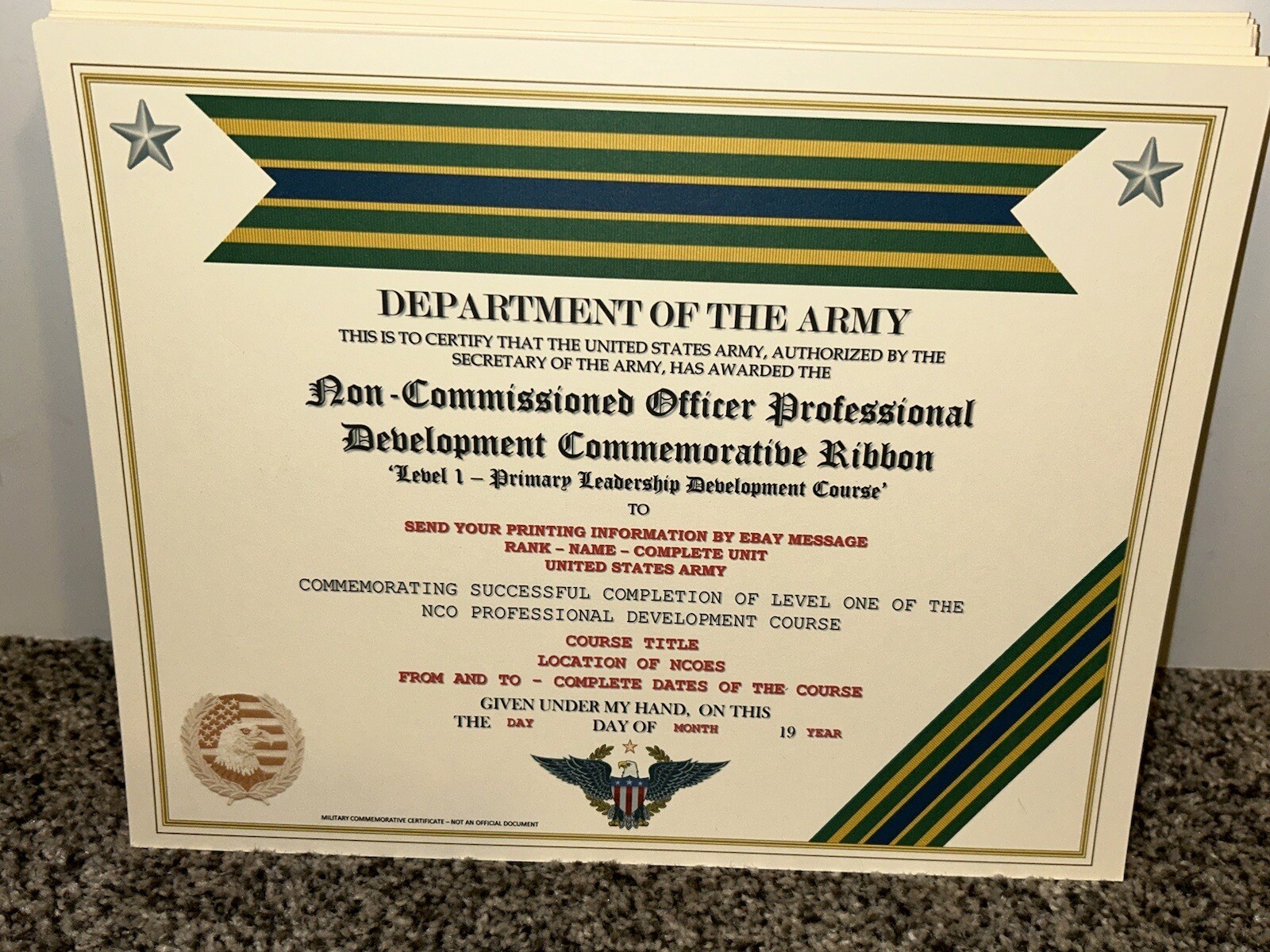 ARMY NCO PROFESSIONAL DEVELOPMENT COMMEMORATIVE CERTIFICATE ~ W/PRINTING TYPE-1