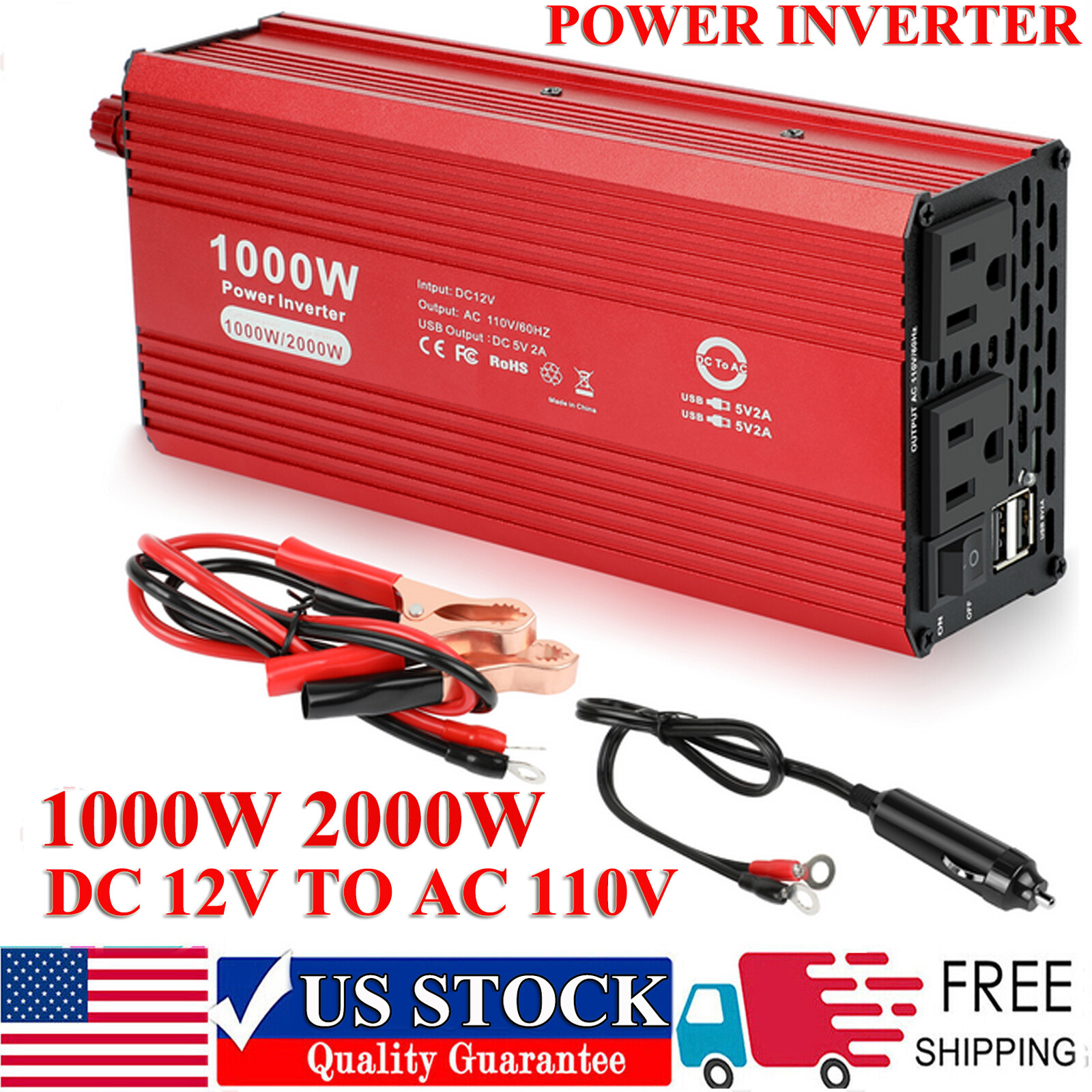1000W/2000W Power Inverter Car Power Converter Charge 12V to 110V 2 AC 2 USB Red