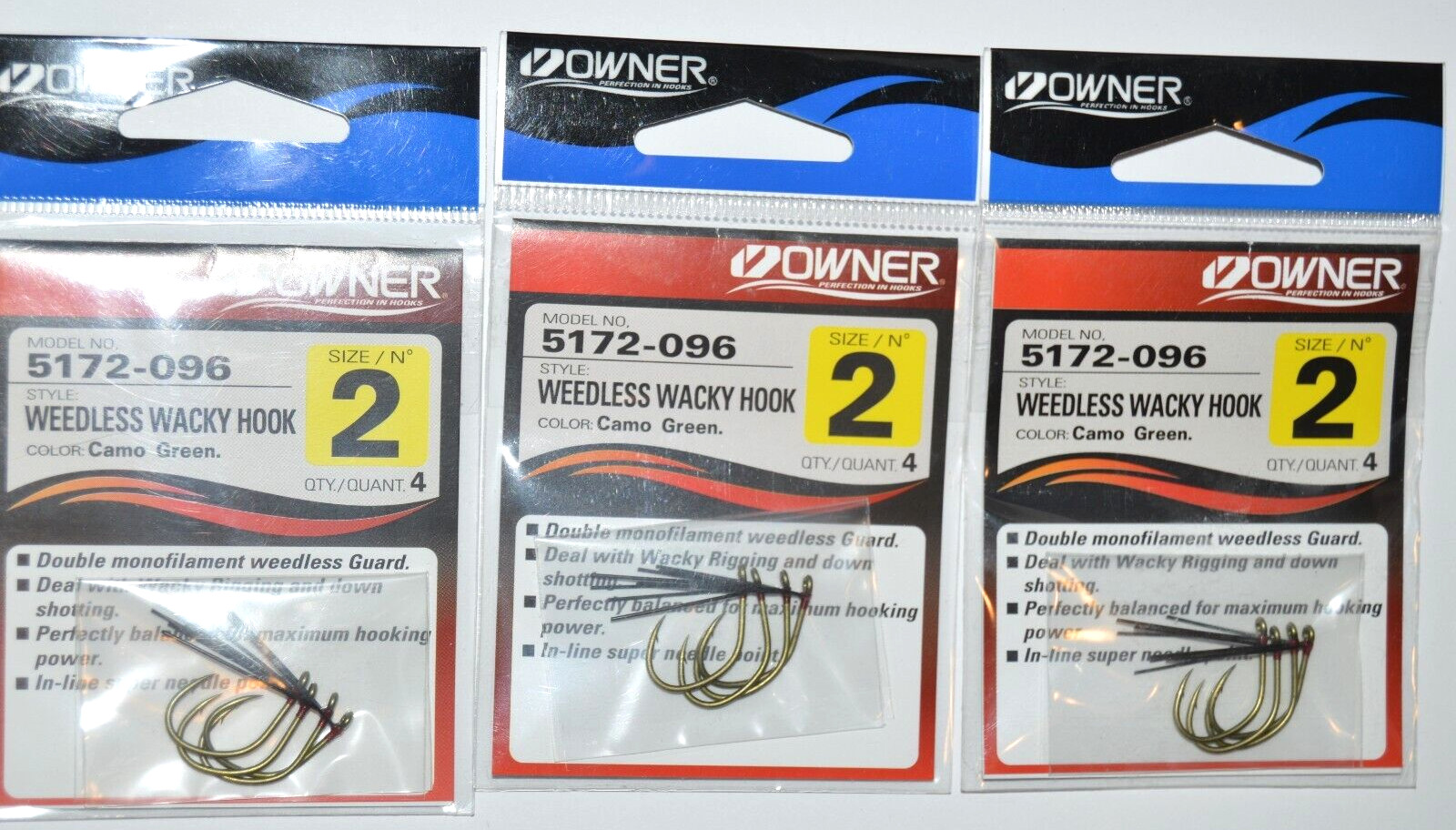 3 packs owner bass weedless wacky hook drop shot too camo green 5172-096  size 2