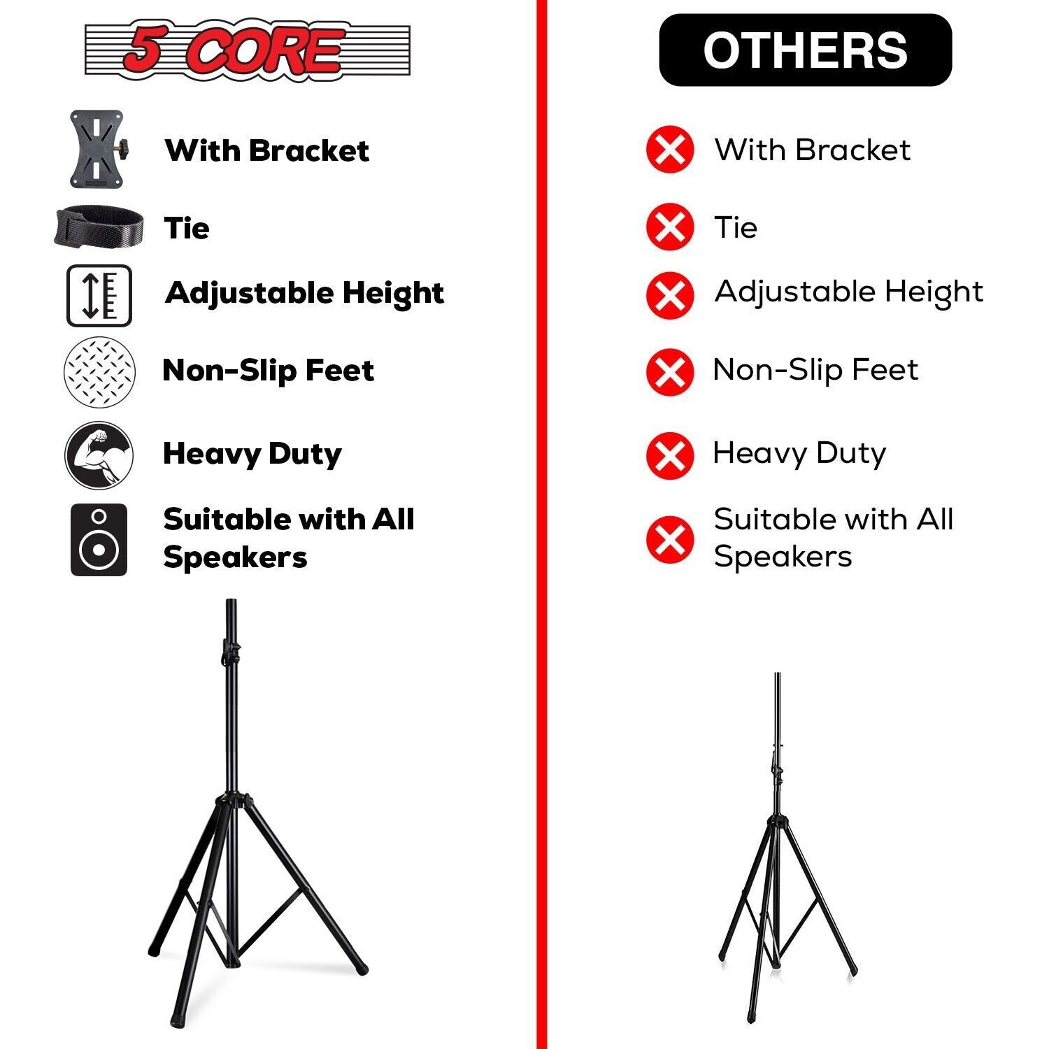 5Core Speaker Stand Tripod Tall Adjustable 72 Inch DJ Studio Monitor Stands Pole