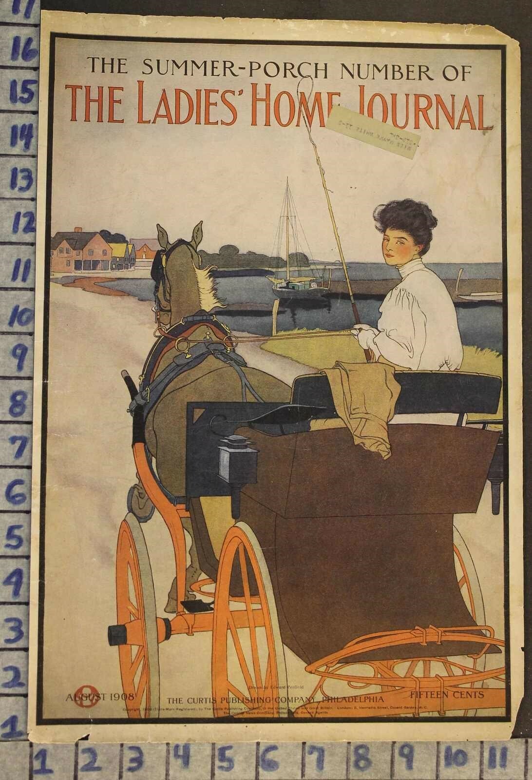 1908 EQUESTRIAN HORSE CARRIAGE SPORT WOMAN SAILBOAT ILLUS PENFIELD COVER RI12