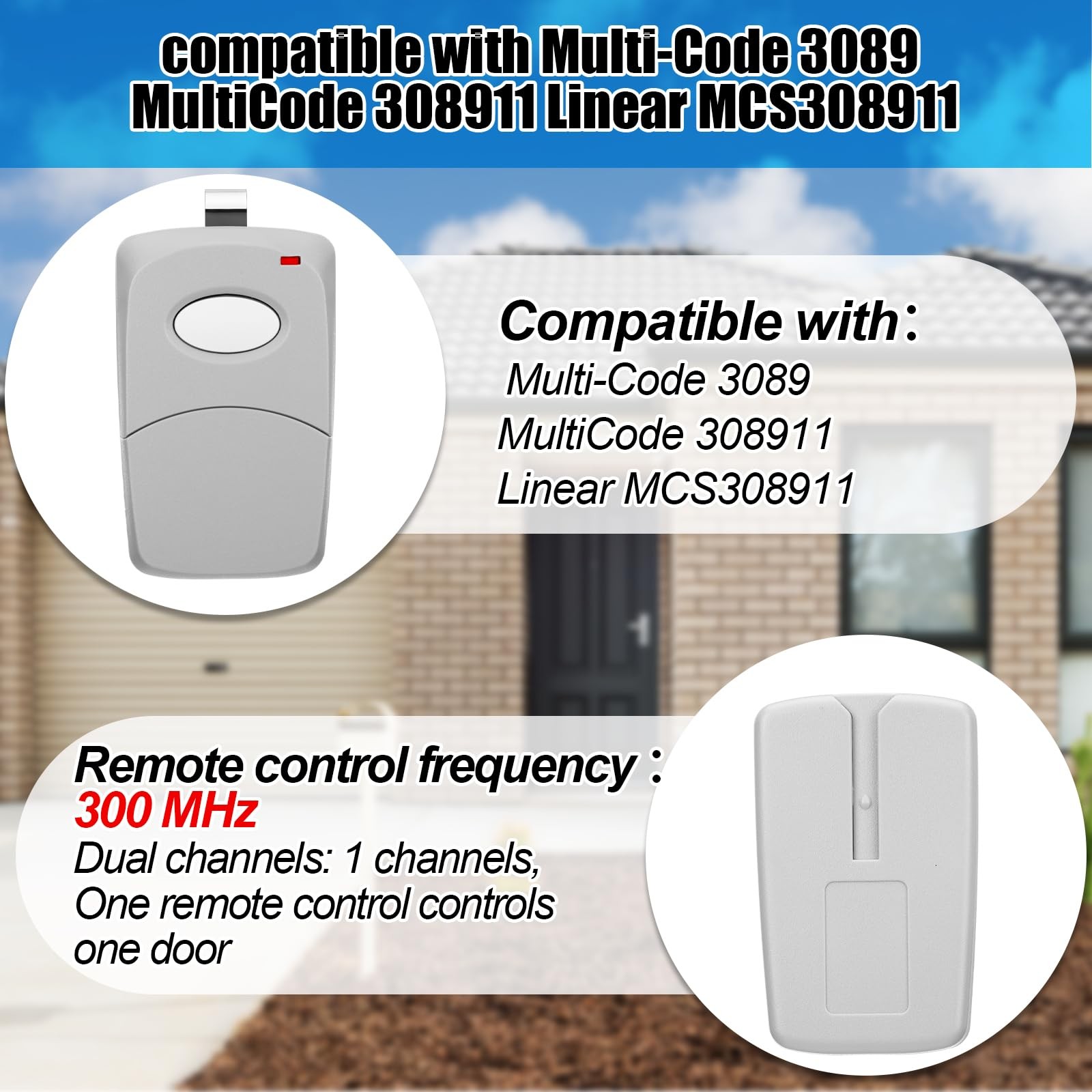 2 Pcs 1 Channel Gate Opener Remote Compatible with Multi Code 3089 308911 Lin...