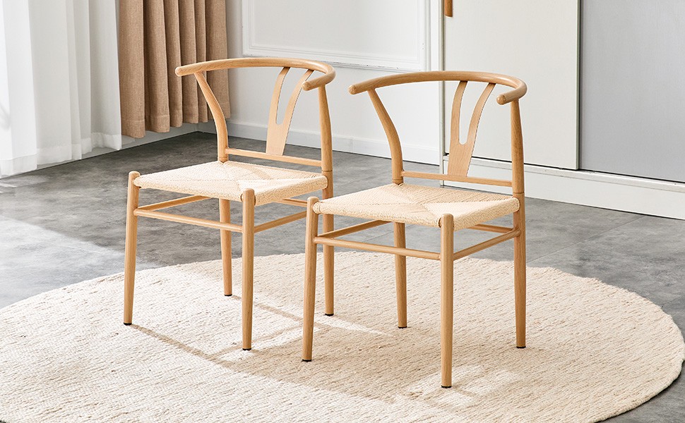 Modern Wishbone Dining Chair Iron Metal Farmhouse Woven Seat Set of 2