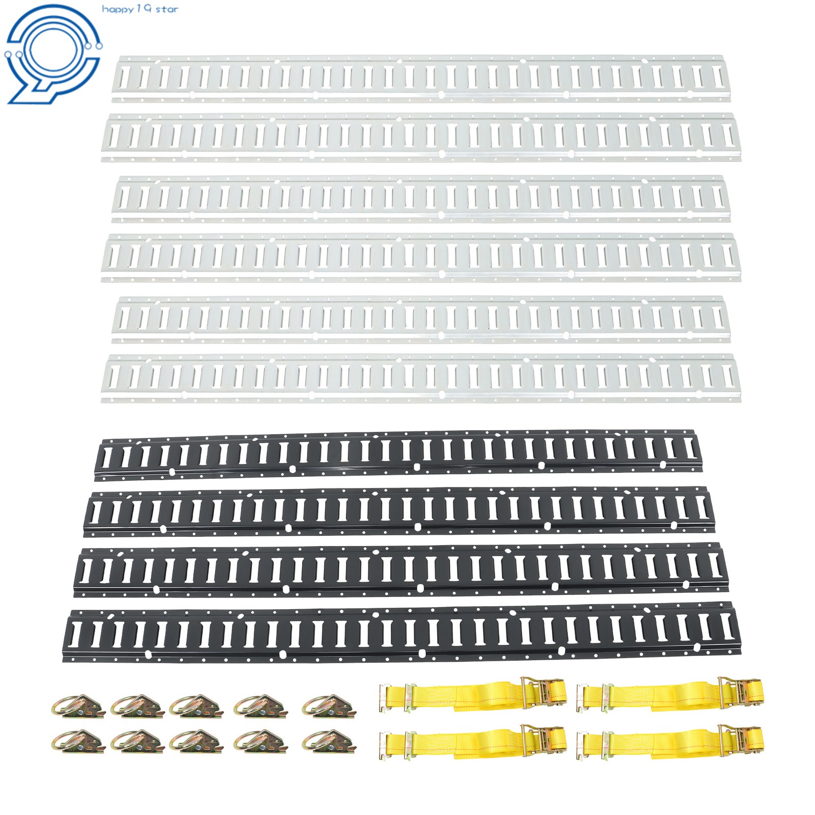 24 Pack 4× 5’ Black 6x 5' Silver E Steel Rails 12 O-Rings 4×12’ Ratchet Straps