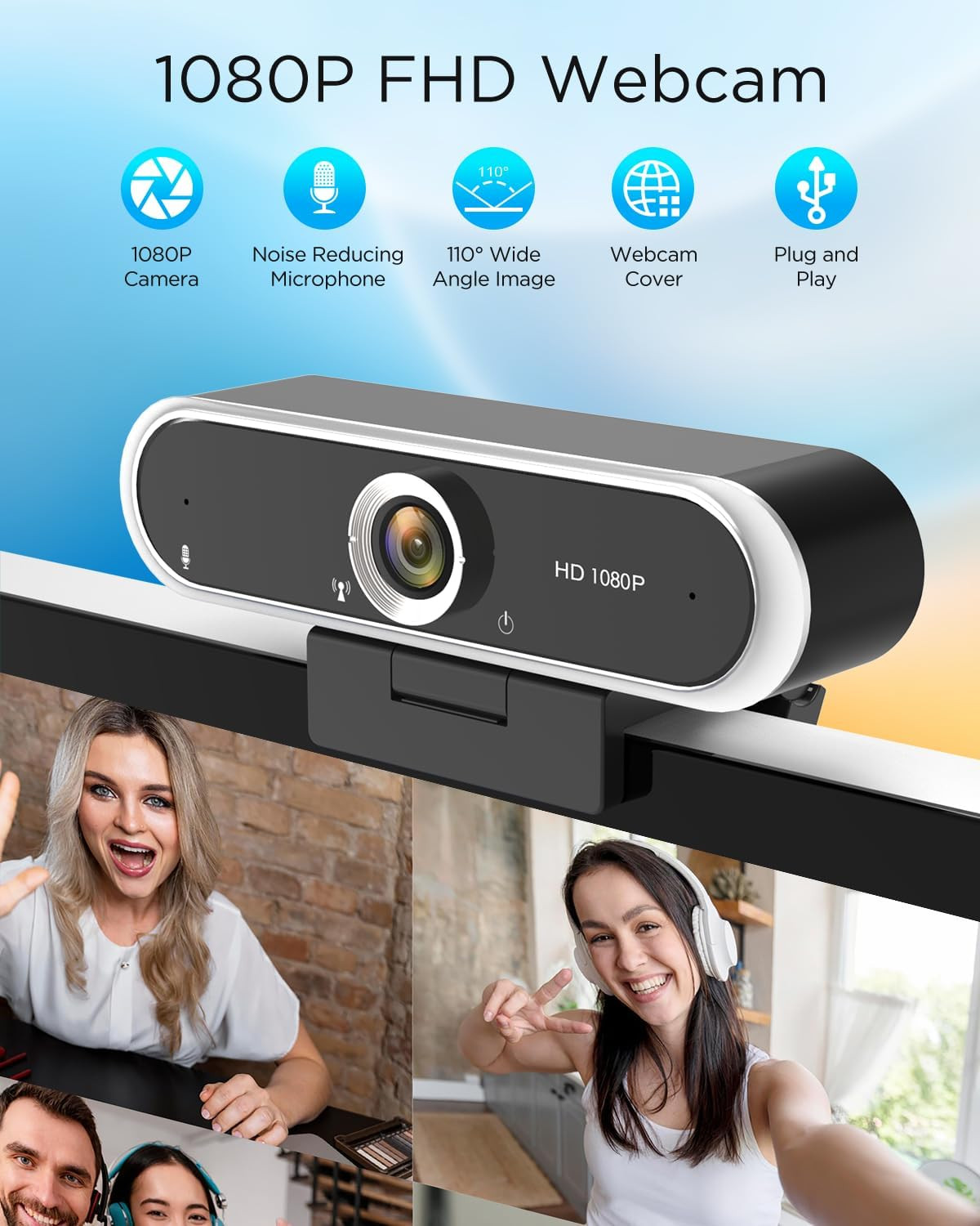 Webcam 1080P with Microphone & Privacy Cover for Pc/Laptop, USB Computer Camera