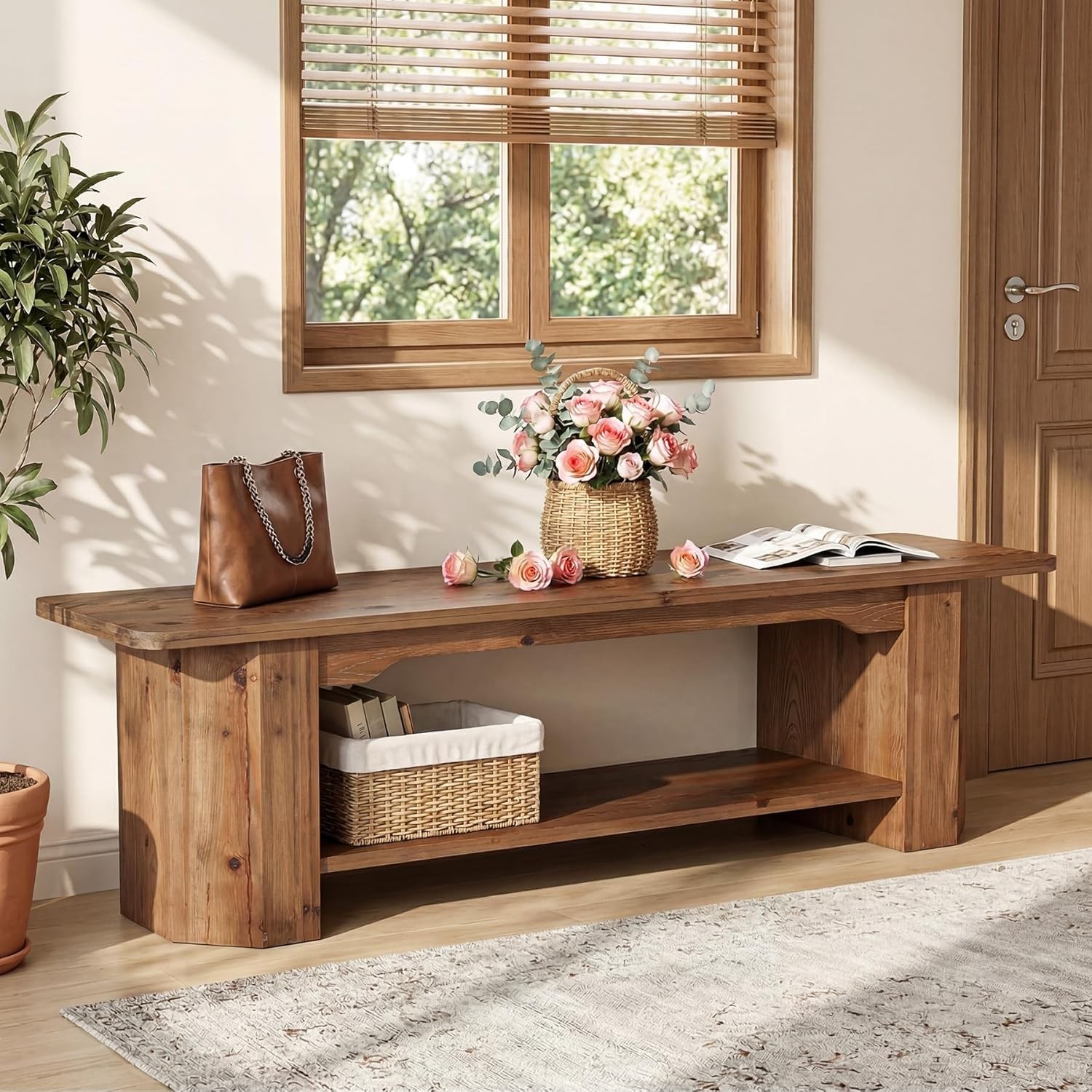 63 Inch Solid Wood Entryway Bench, Extra Long End of Bed Bench with Open Shelves