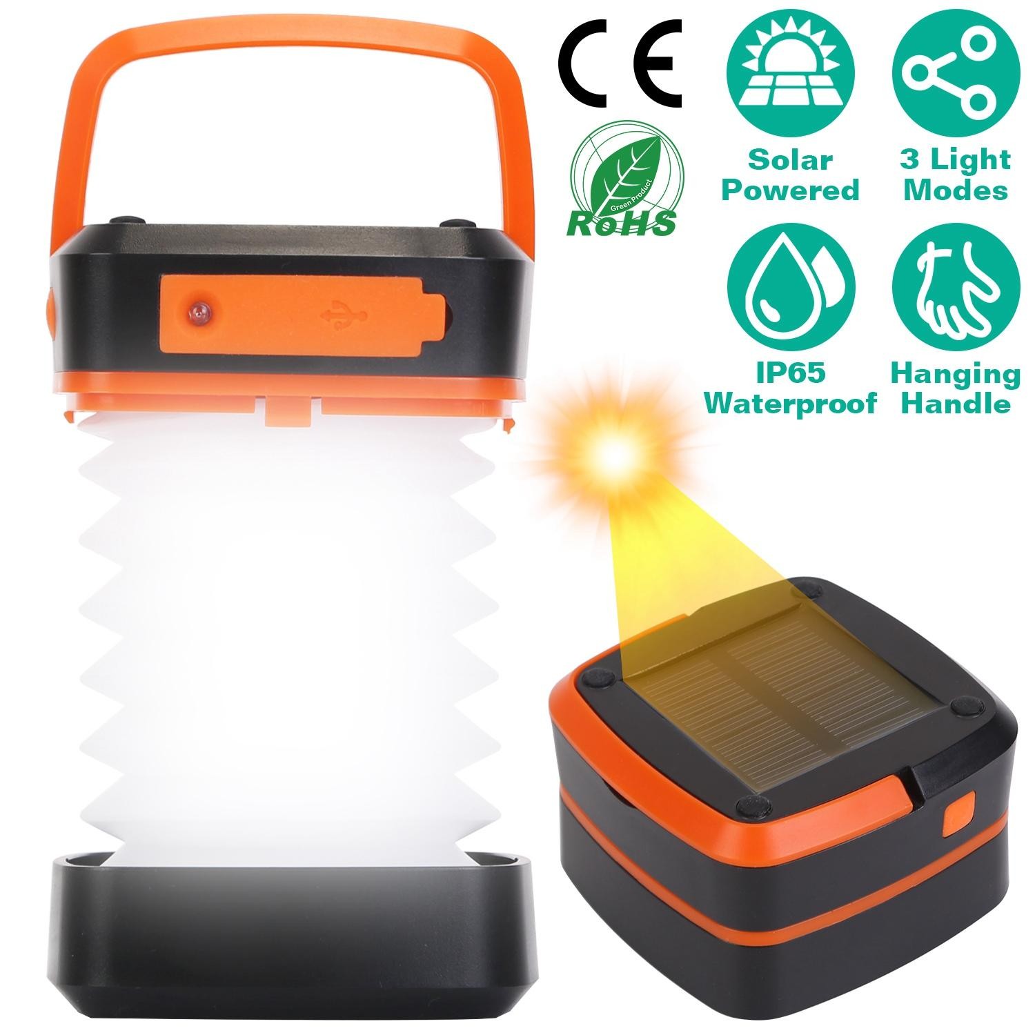 Solar Camping Lantern LED Collapsible Tent Lamp USB Rechargeable Emergency Light