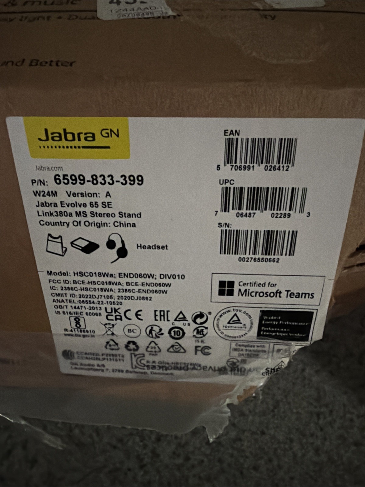 Jabra Evolve 65 SE Link380a MS Stereo Sound Wireless Headset New Open Box