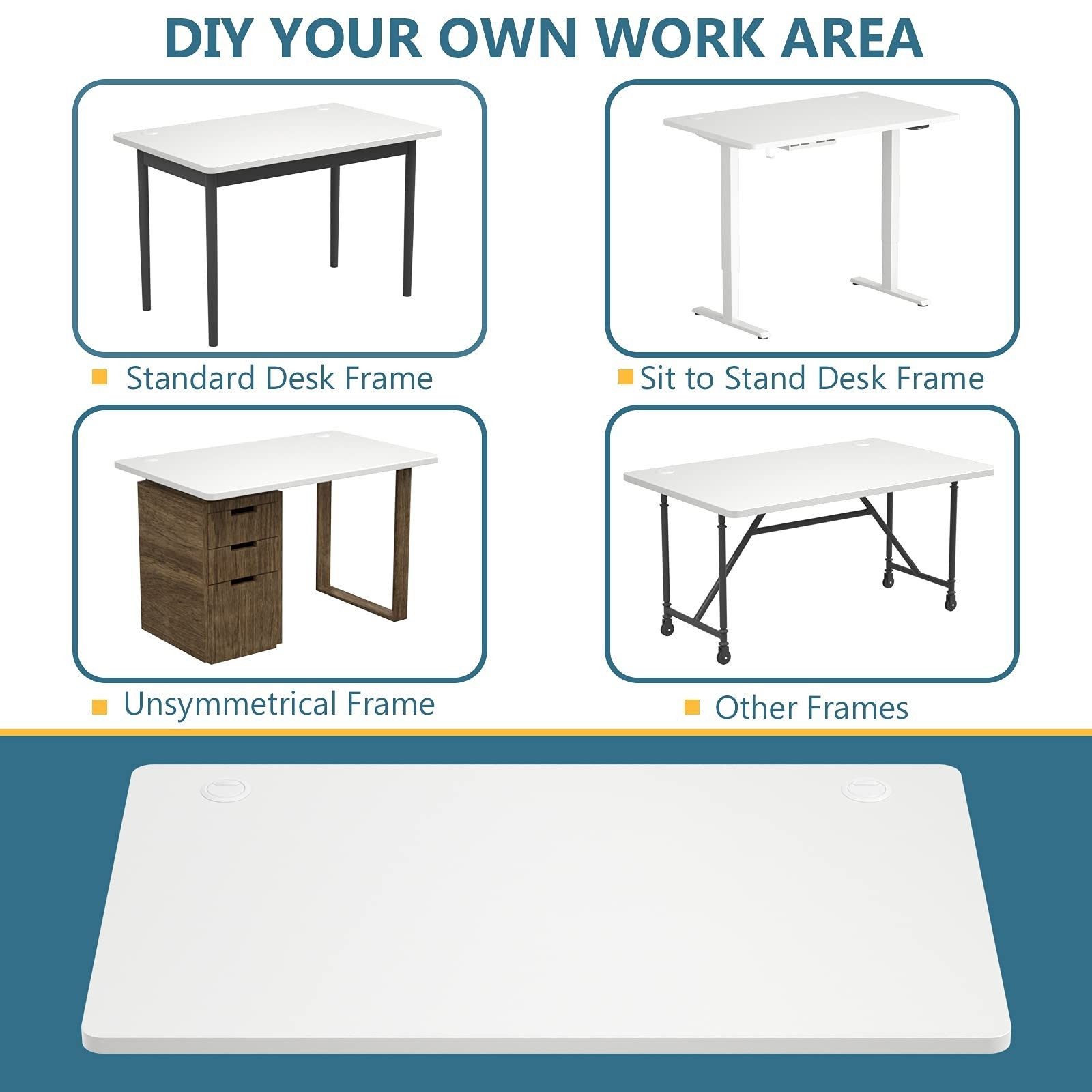 48x30 Inch Solid Rectangular Desk Top - Universal Office Tabletop w/ Cable Manag