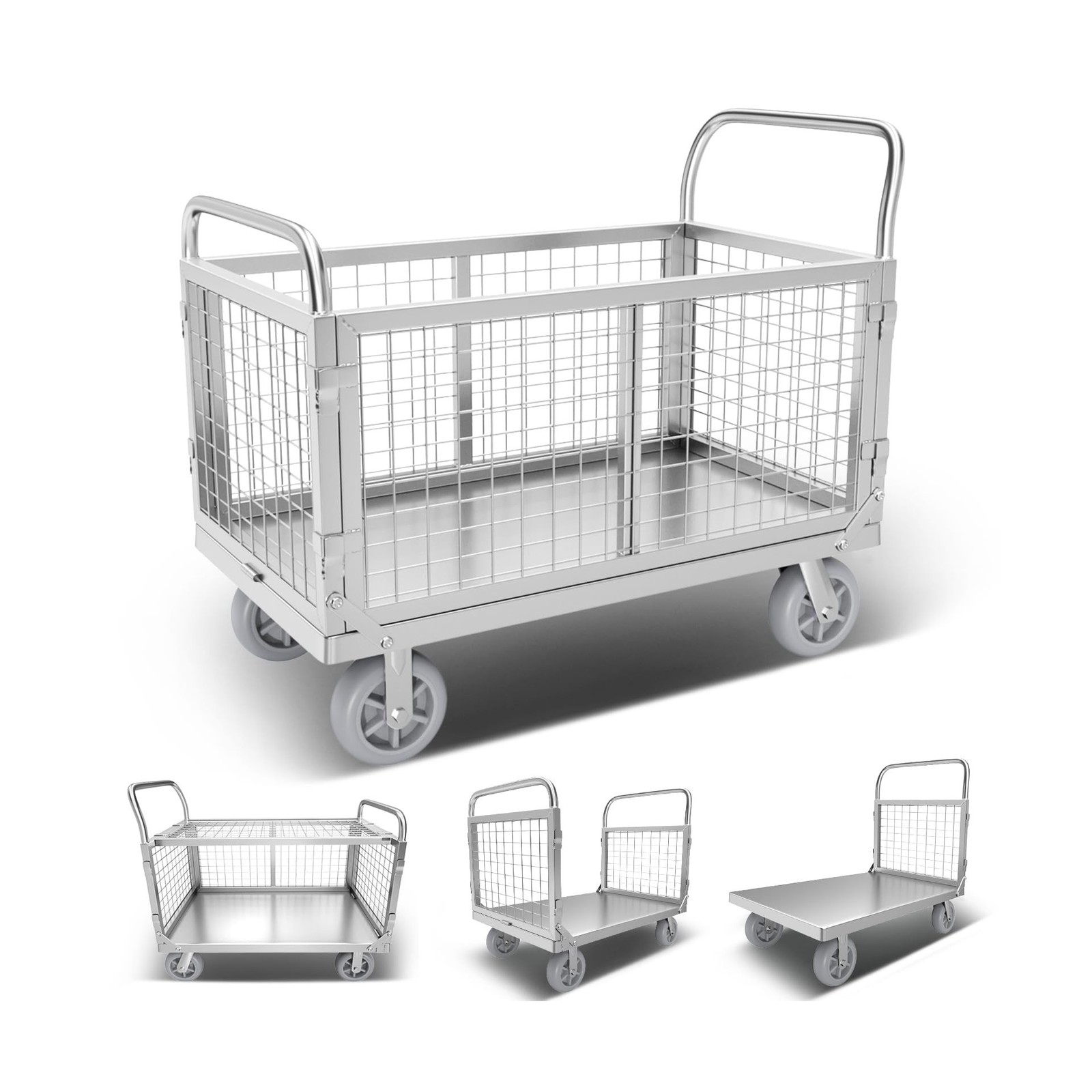 Platform Truck Cart with Cage, Multipurpose 6 in1 Foldable Flatbed Cart Heavy...