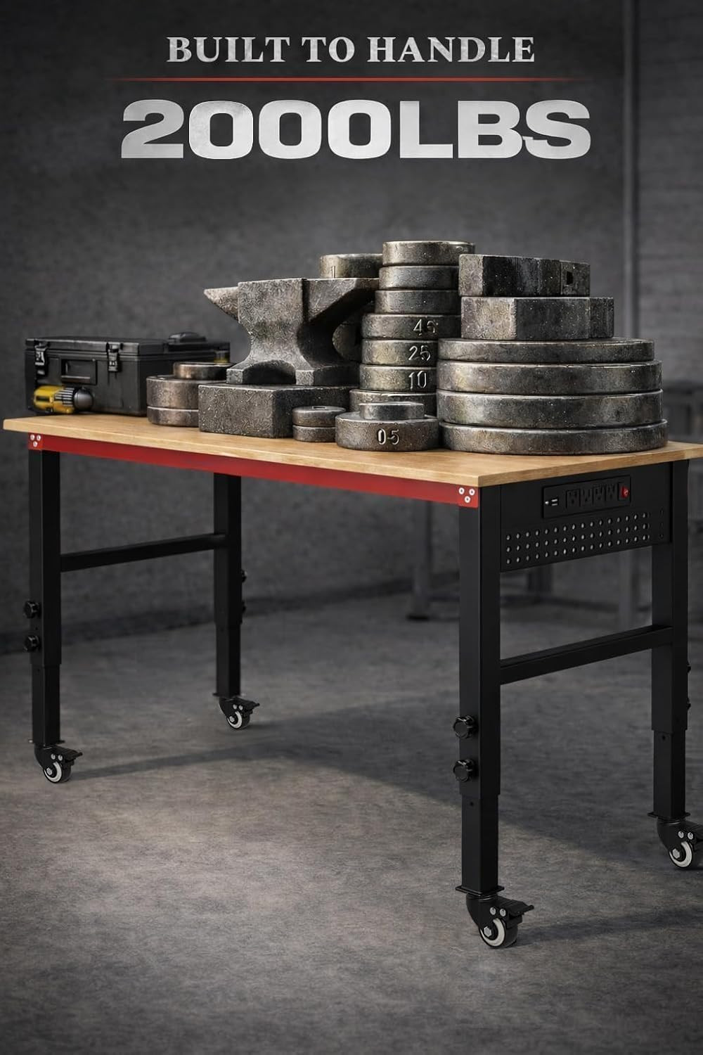 48" Workbench with Wheels, Adjustable Height Workbench with Power Strip & Pegboa