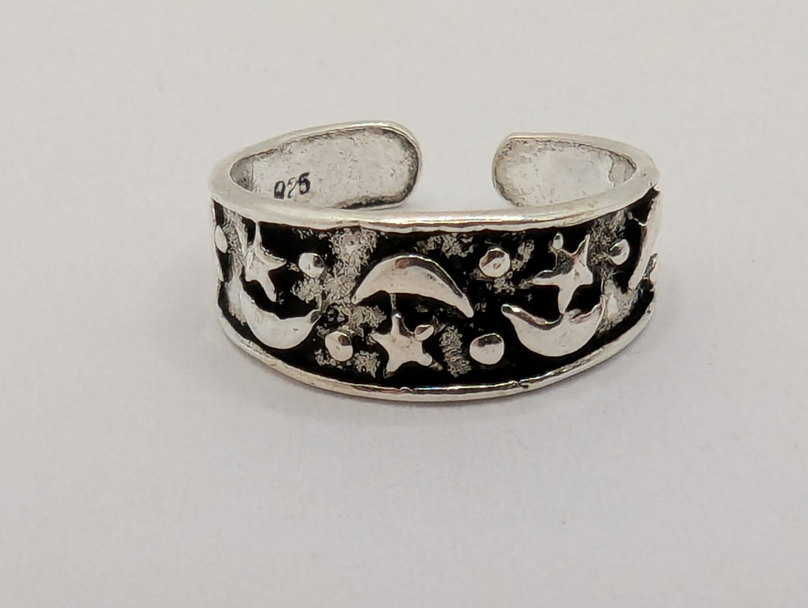 Sterling Silver Toe Ring Moon & Stars Design Adjustable Size 925 Sterling Silver