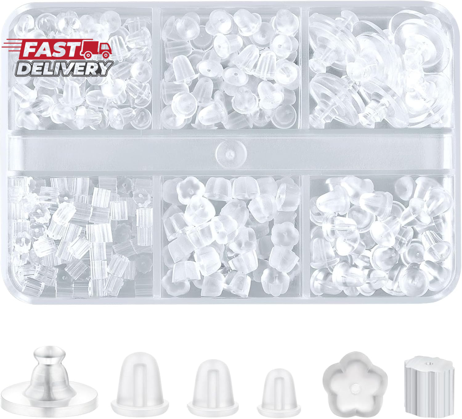 6 Styles Silicone Earring Backs, 600 Clear Soft Hypoallergenic Plastic Rubber Ea