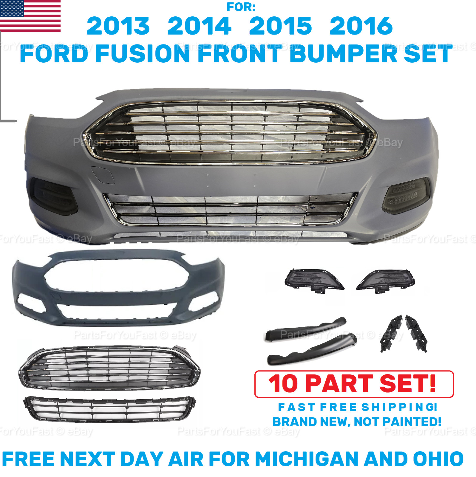 Front Bumper Cover W/Grille Grill Fog Lamp Covers For 2013-2016 Ford Fusion