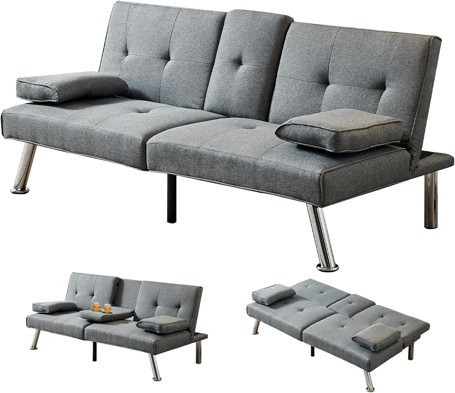 Modern Linen Convertible Folding Futon Couch Sofa Bed Adjustable Disassembly Pil