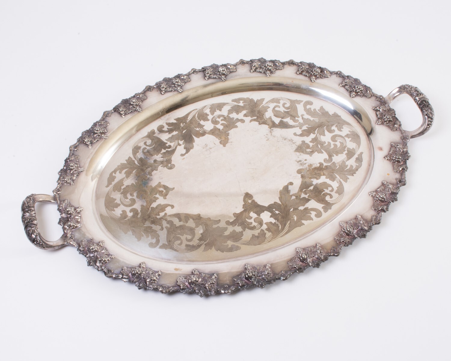 Vintage Reed & Barton Silverplate Oval Serving Tray Grape Pattern Handles 23"