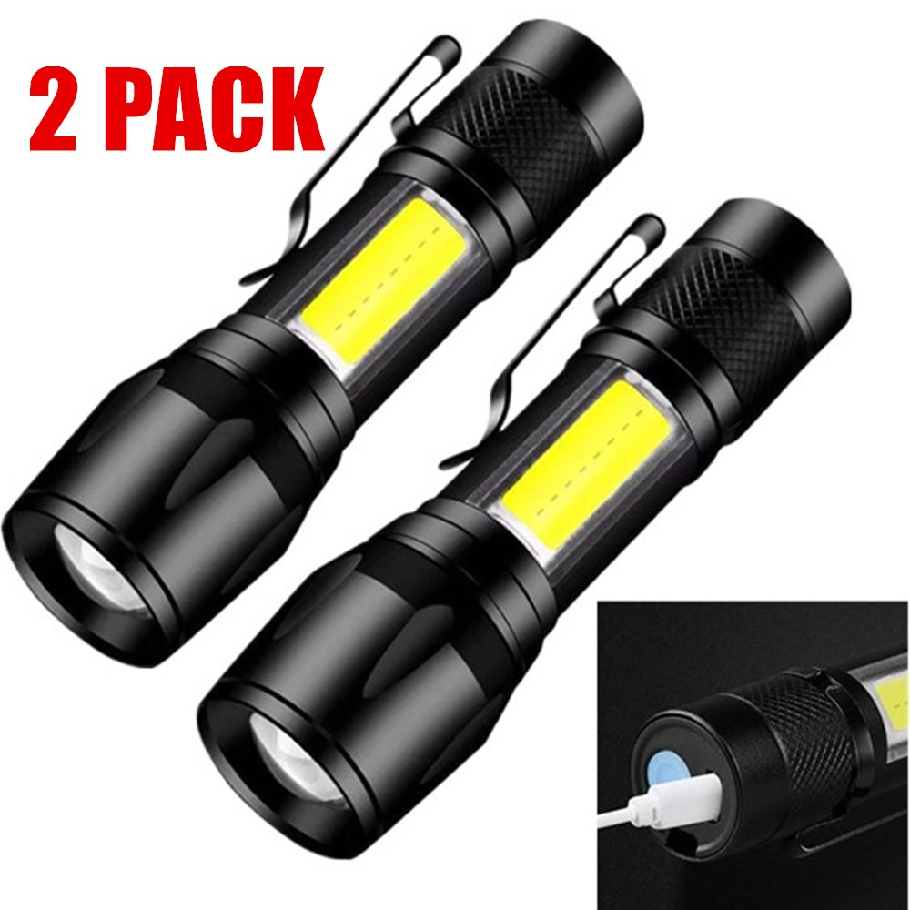 2 Pack USB Rechargeable Small LED Flashlights Camping Flashlight Work Light AU
