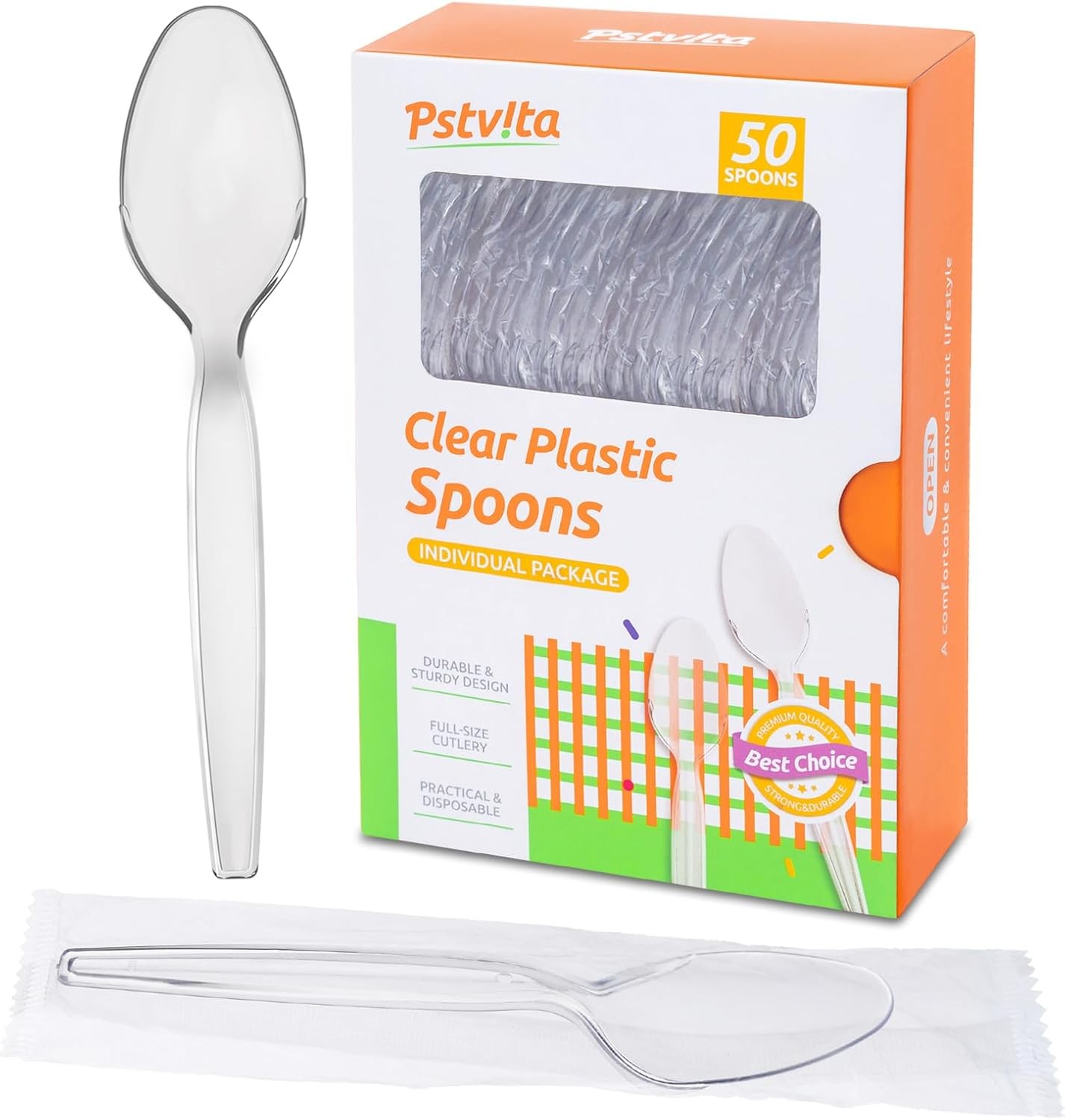 Disposable Plastic Spoons Clear, Indivily Wrapped