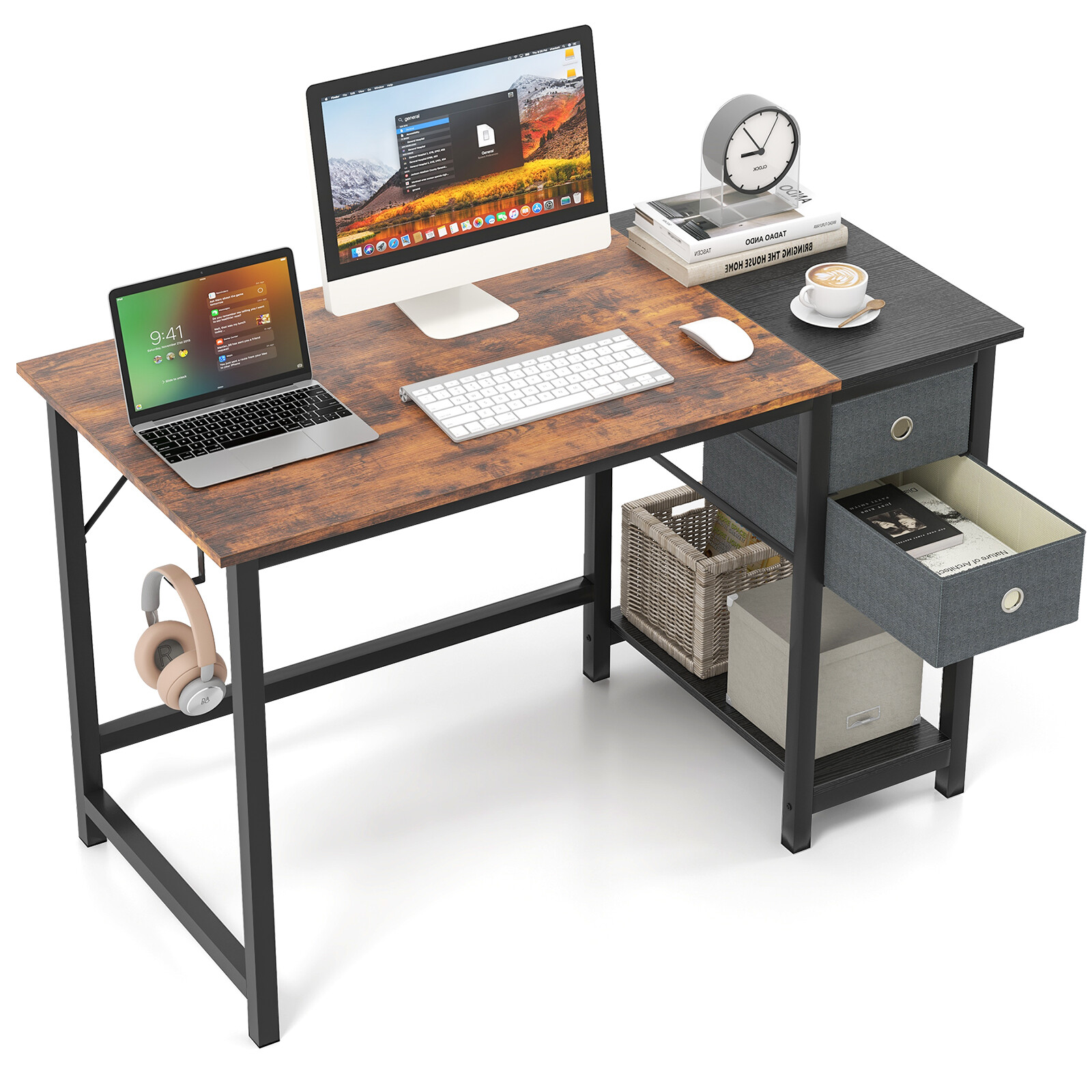 Modern Home Office Desk Multipurpose Writing Desk w/Hanging Hook & Storage Shelf