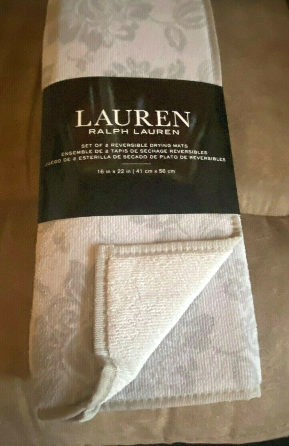 NWT RALPH LAUREN DISH DRYING MATS IN GRAY FLORAL SET OF 2 REVERSIBLE
