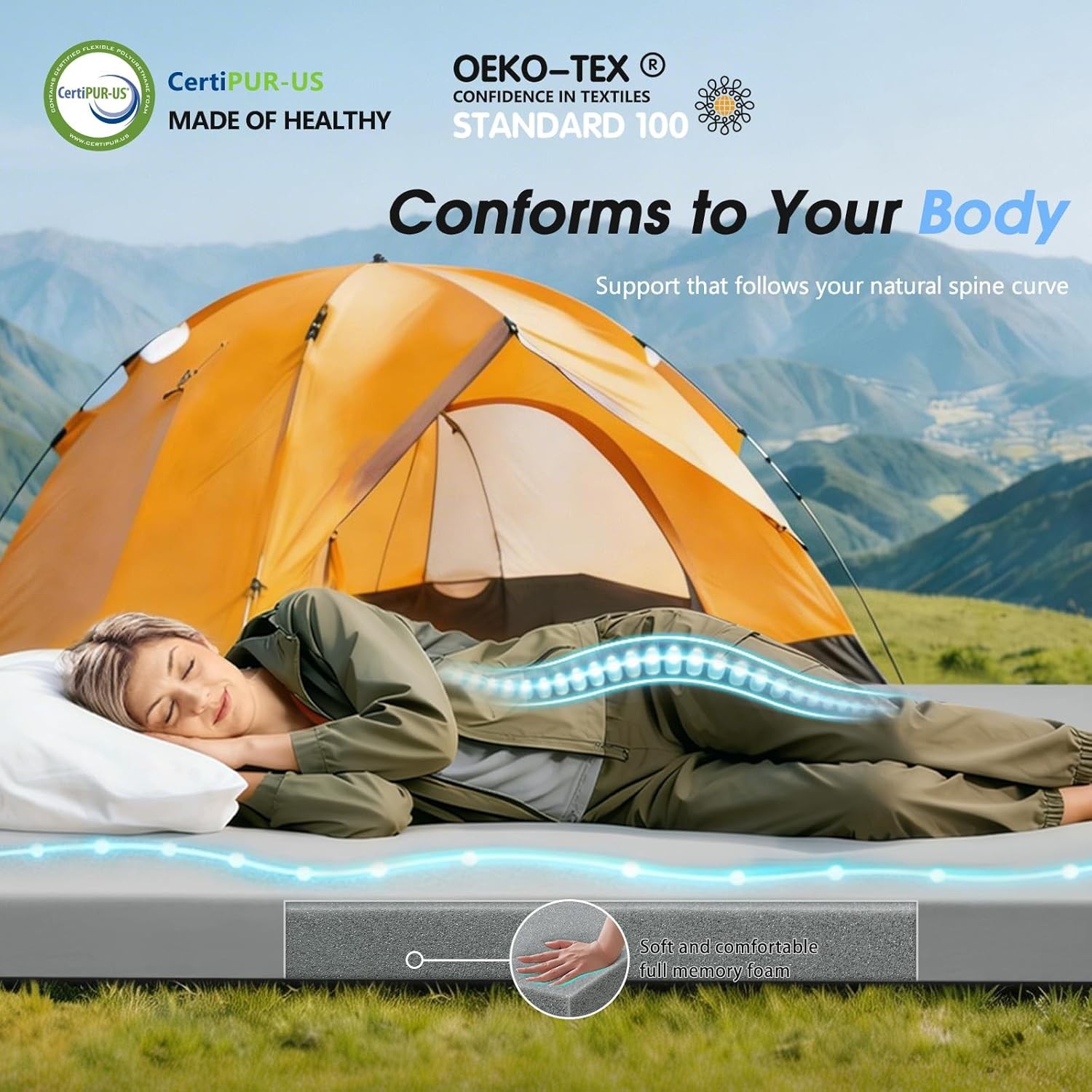 CYMULA 72x24x3” Memory Foam Camping Mattress Pad – Non-Slip Roll-Up Mat