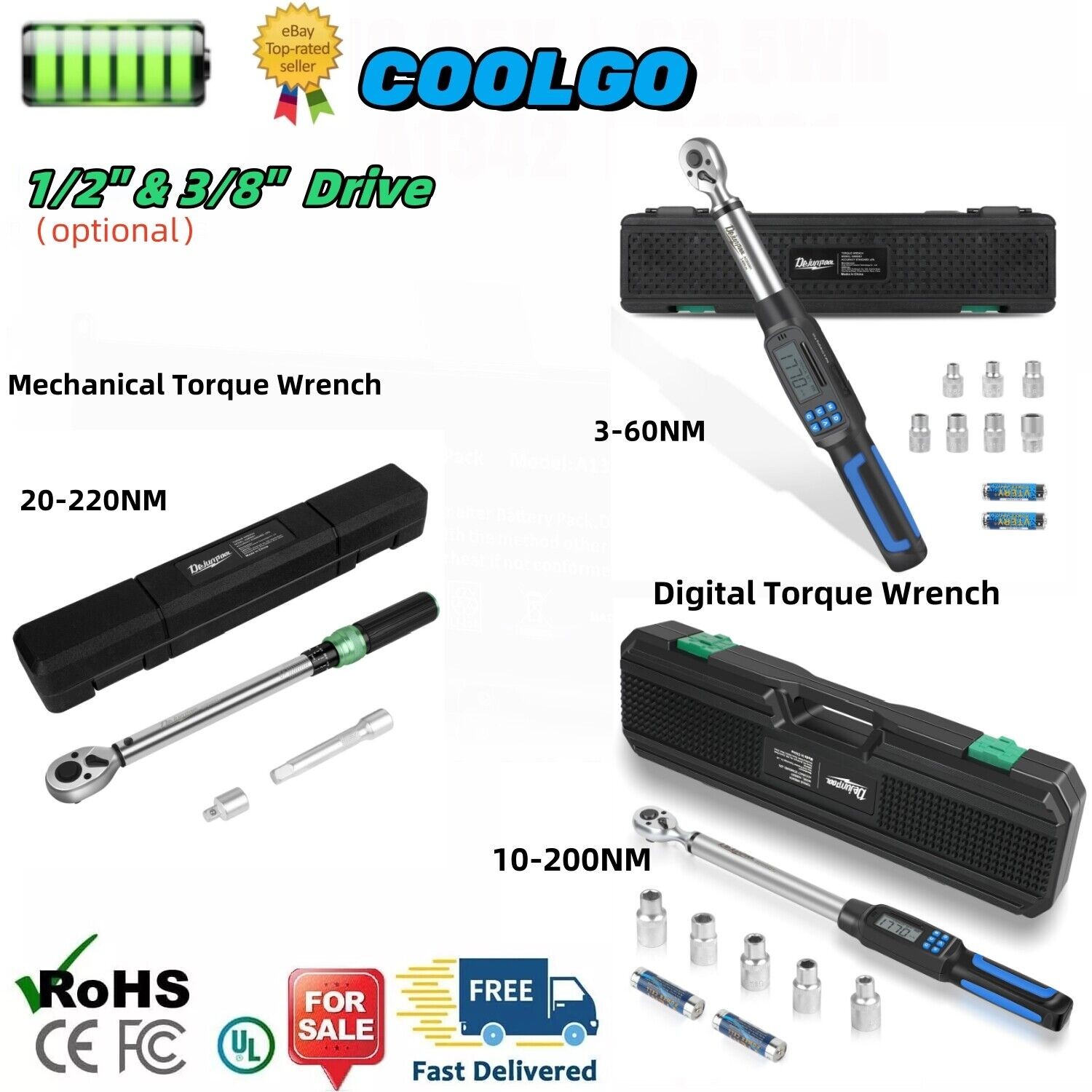 1/2" 3/8" Drive Digital Torque Wrench 3-220N.m. Adjustable Wrench Bike Repair