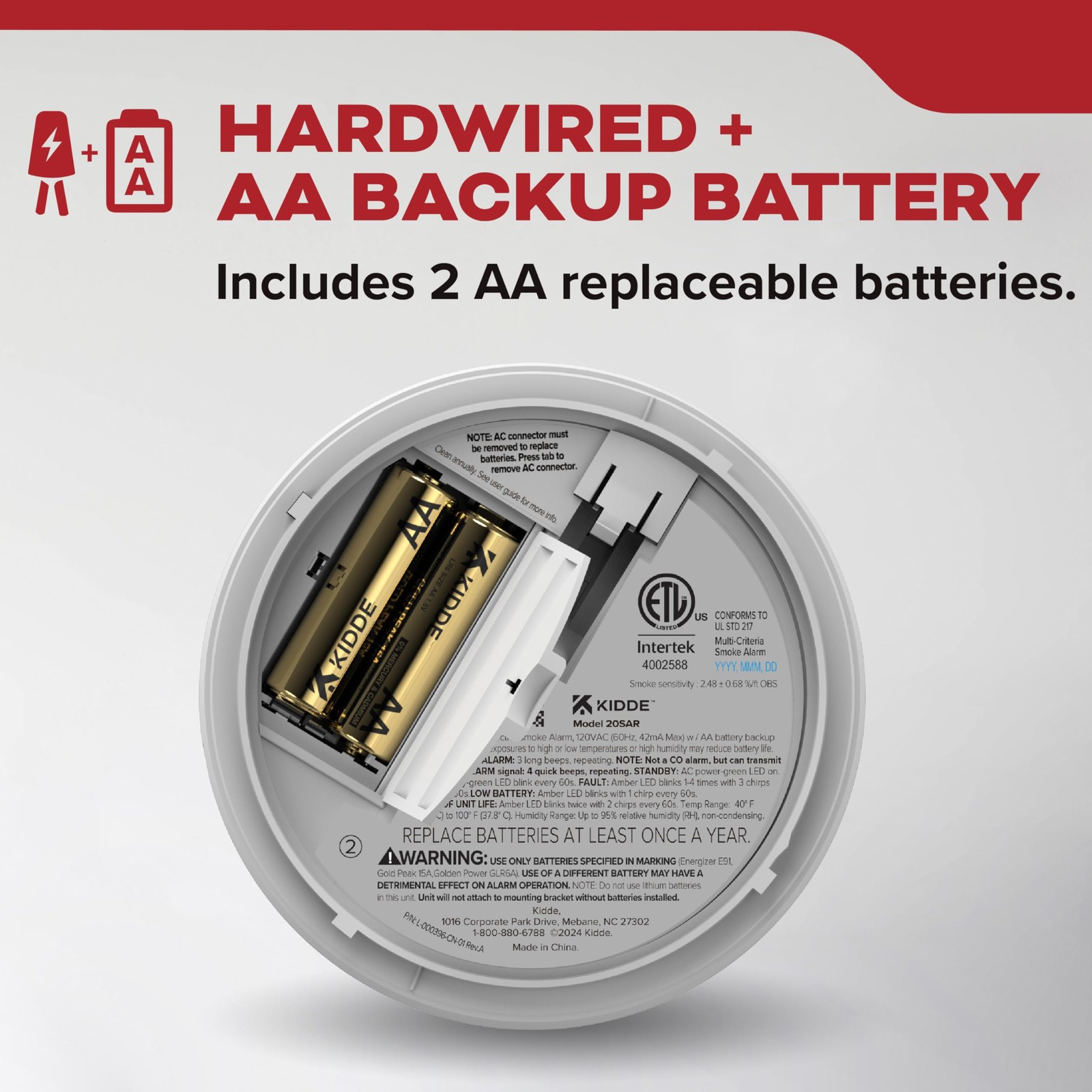 Kidde Smoke Detector, Hardwired with AA Battery Backup, 1 Pack, White